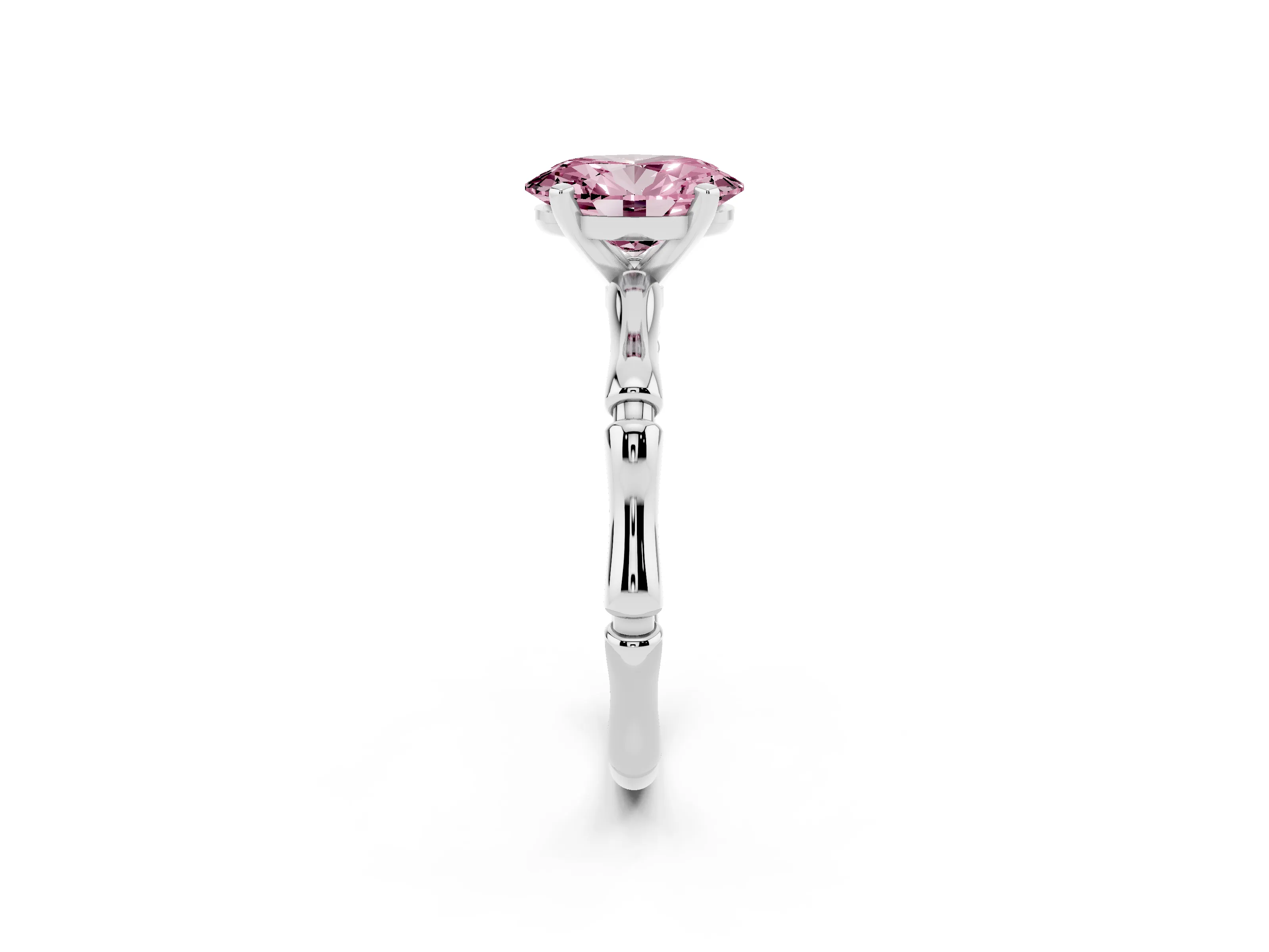 Fancy Pink Oval Cut Diamond Solitaire Ring Set in Platinum with Bamboo Band and Prong Setting