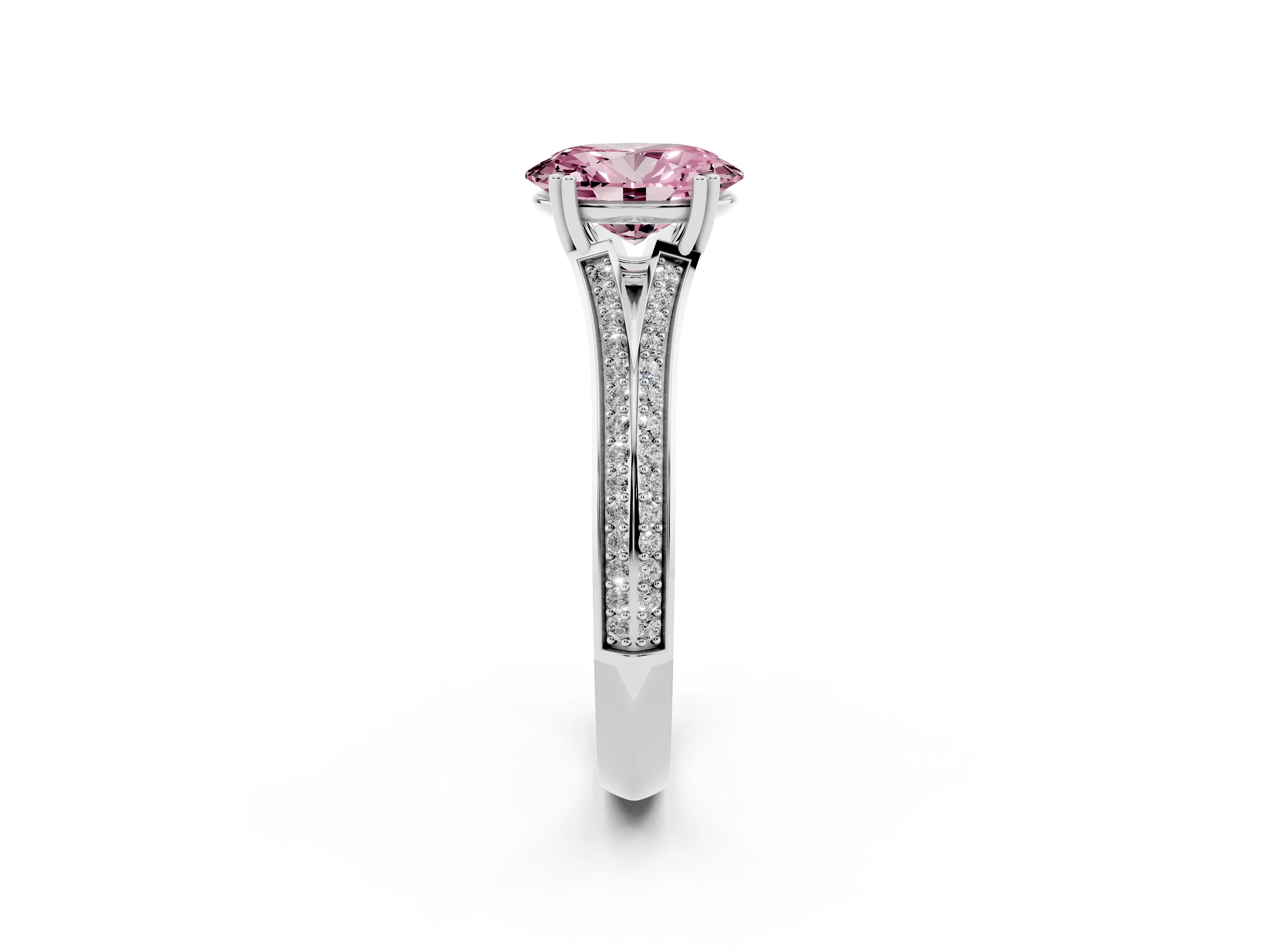 Fancy Pink Oval Cut Diamond Split Shank Pavé Engagement Ring Set in White gold with Prong-Set Center Stone