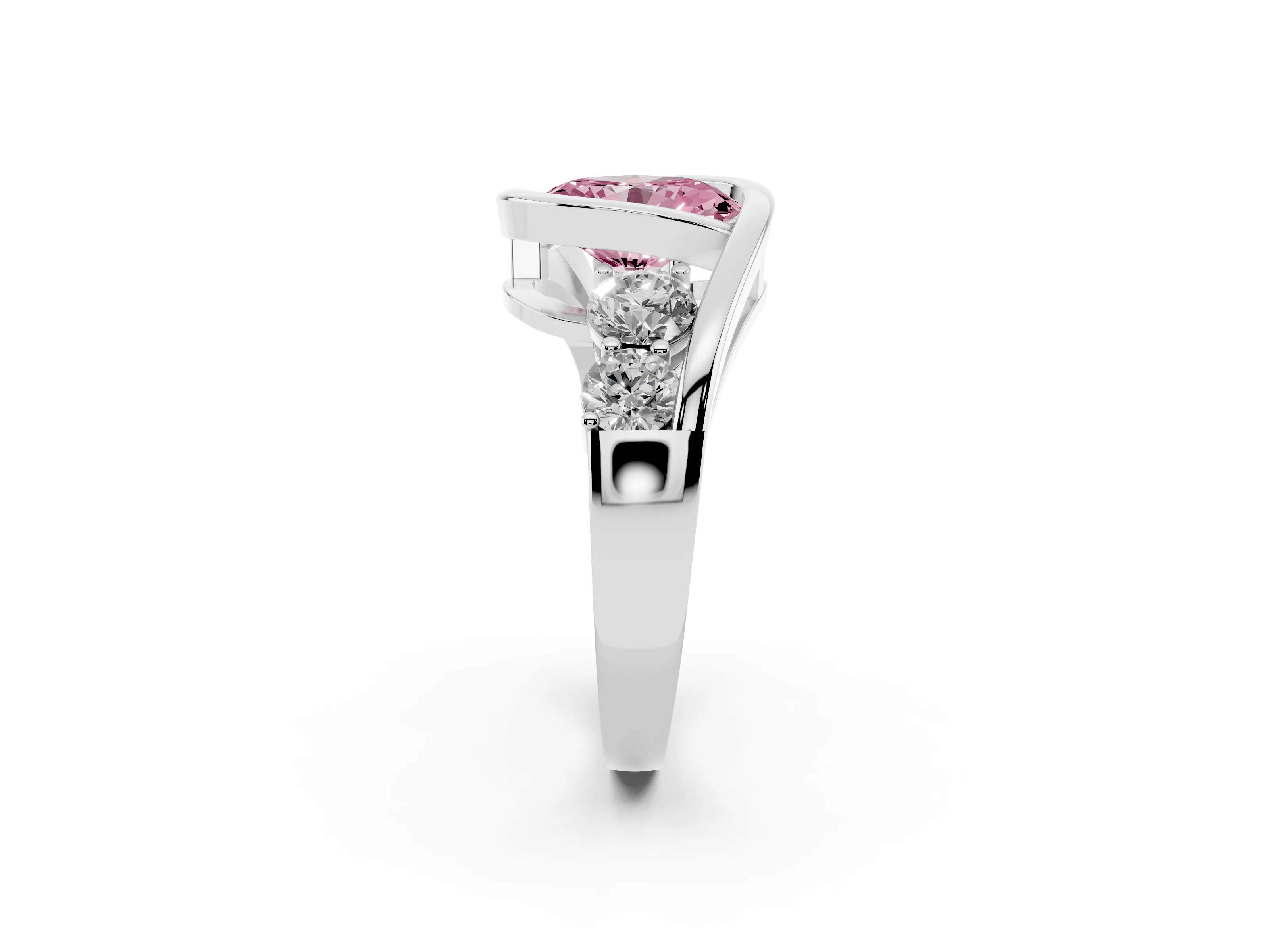 Fancy Pink Oval Cut Diamond Bezel Bypass Ring Set in Silver with Round Accents