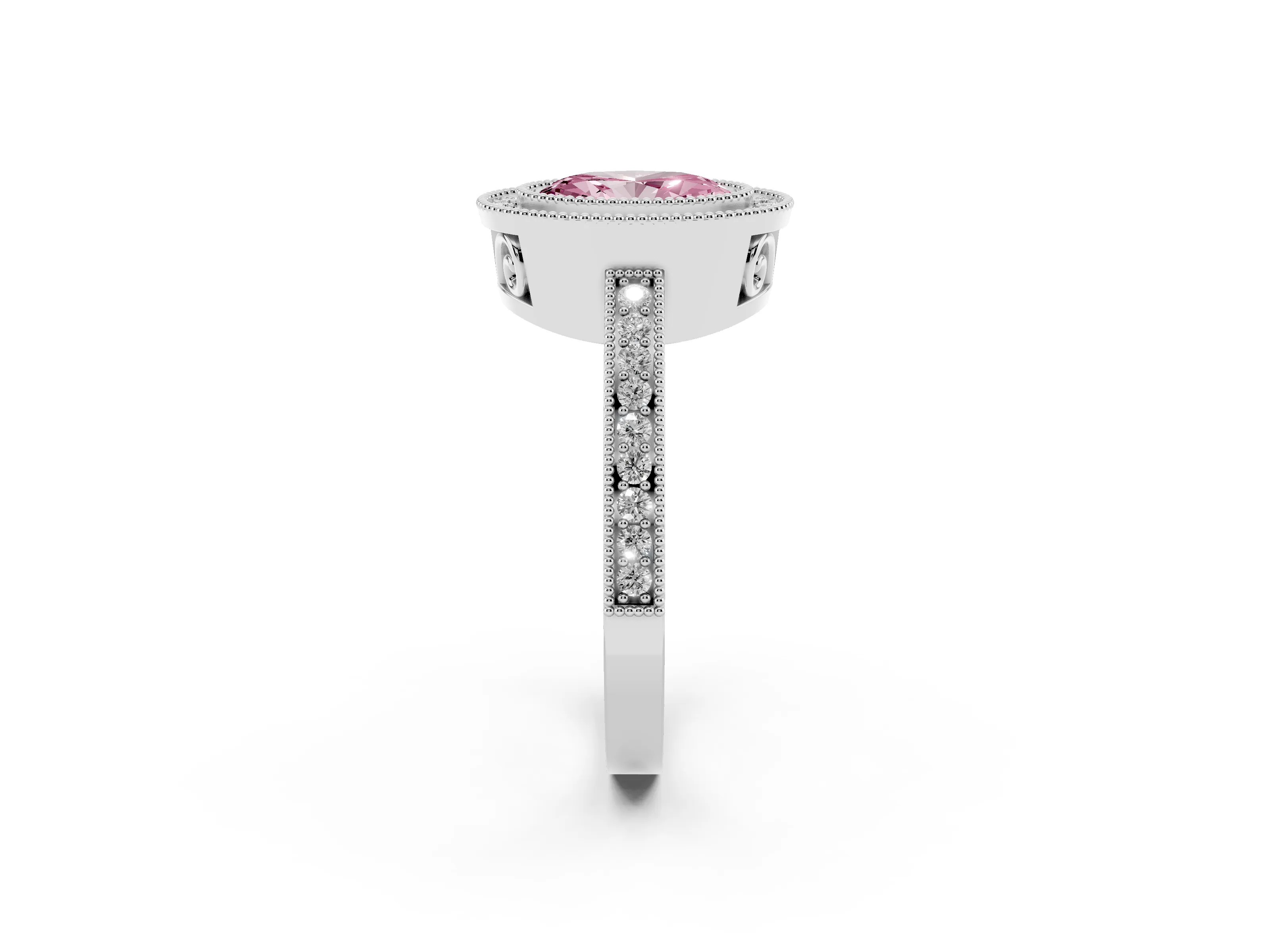Fancy Pink Oval Cut Diamond Round Halo Ring Set in White gold with Pavé Band