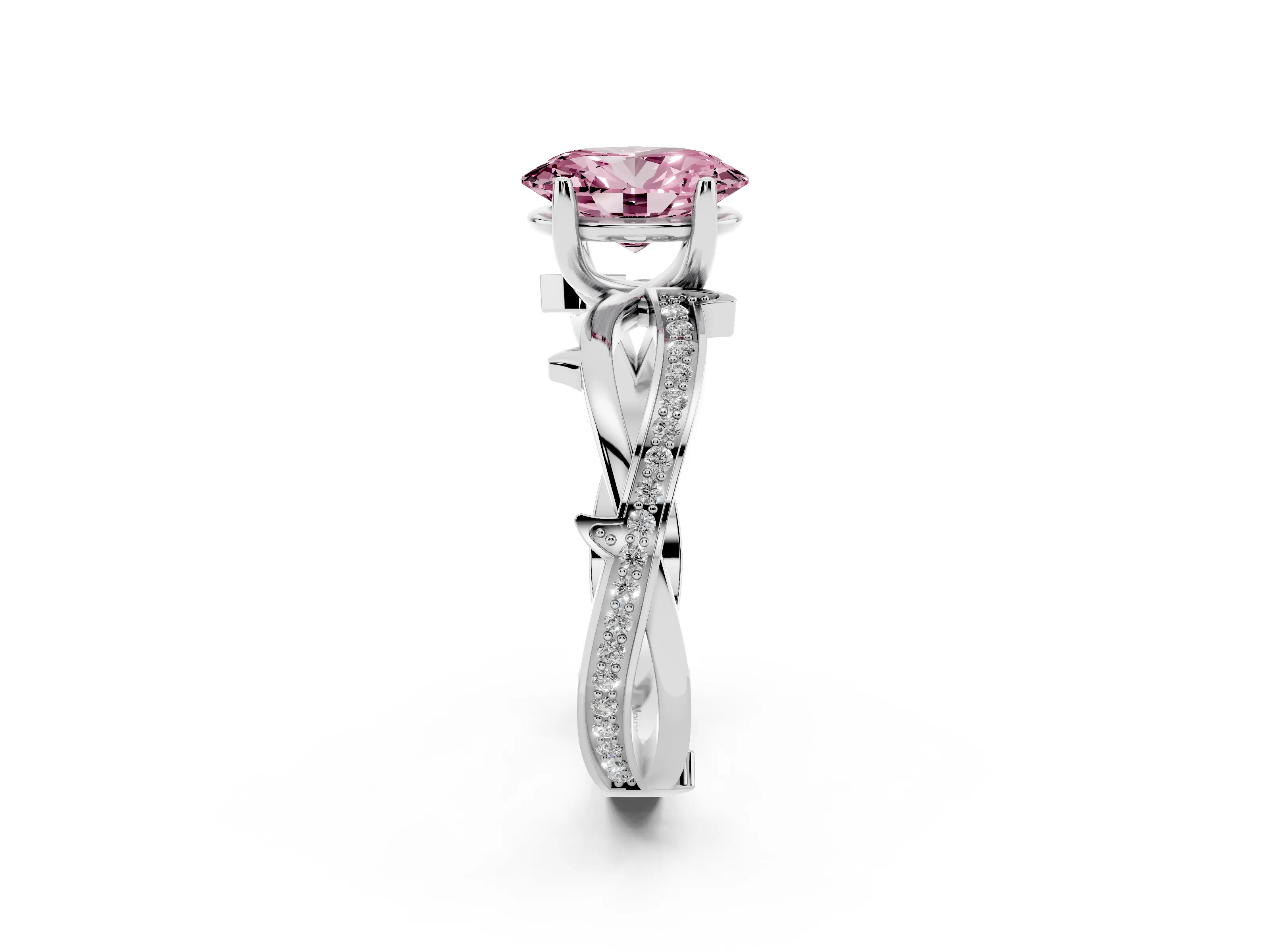 Fancy Pink Oval Cut Diamond Pavé Twist Band Solitaire Ring Set in Platinum with Prong Setting