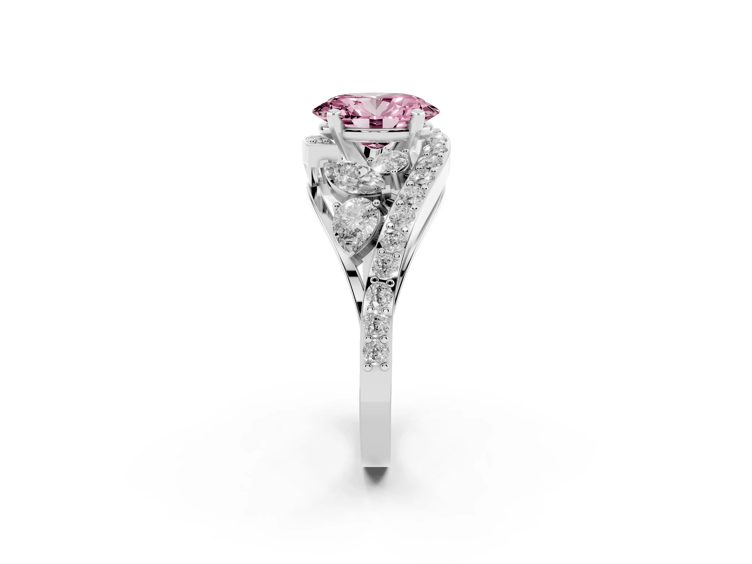Fancy Pink Oval Cut Diamond Halo Ring Set in Platinum with Marquise and Pavé Band in Prong Setting