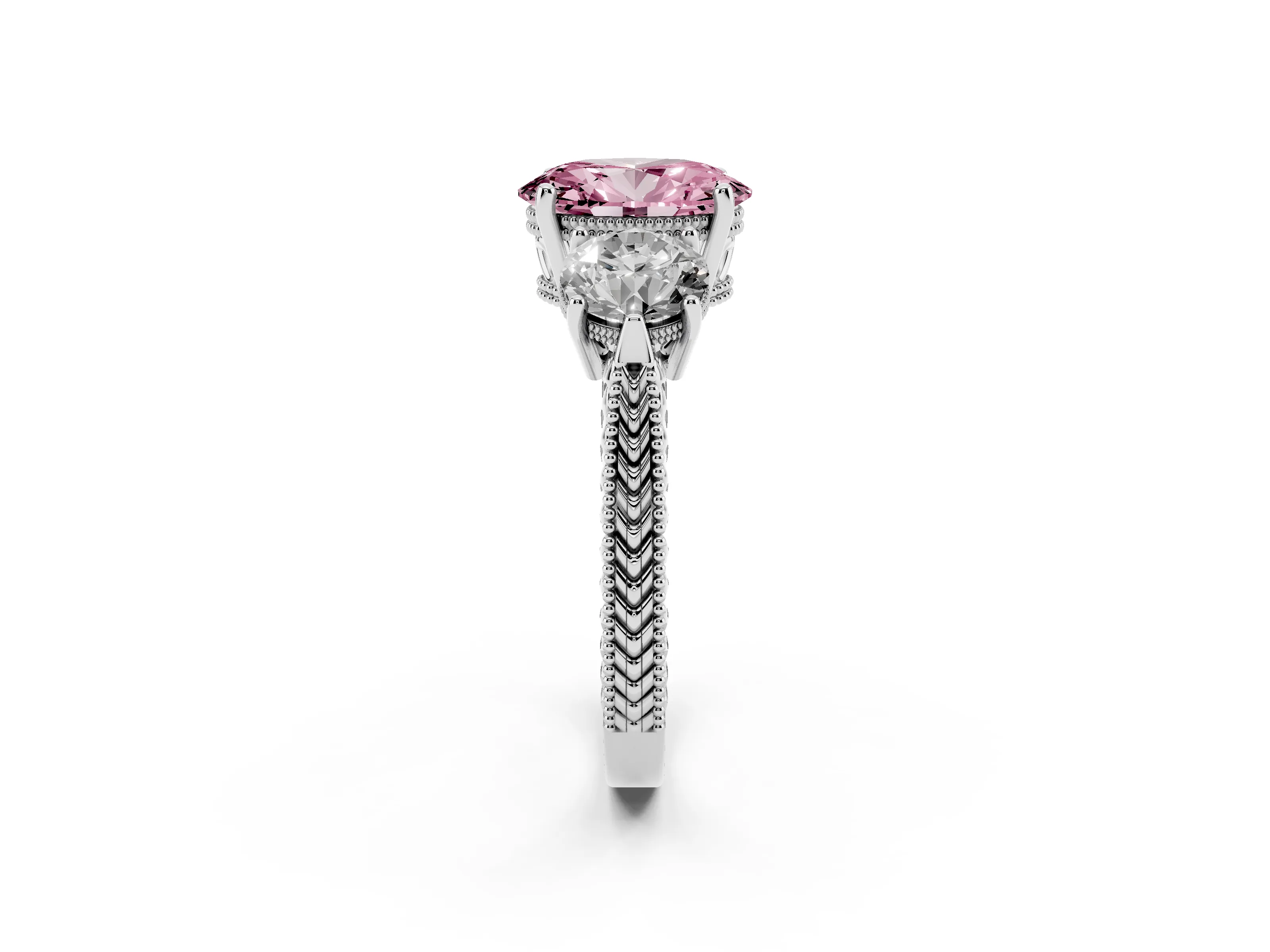 Fancy Pink Oval Cut Diamond Three-Stone Ring Set in Platinum with Milgrain Band