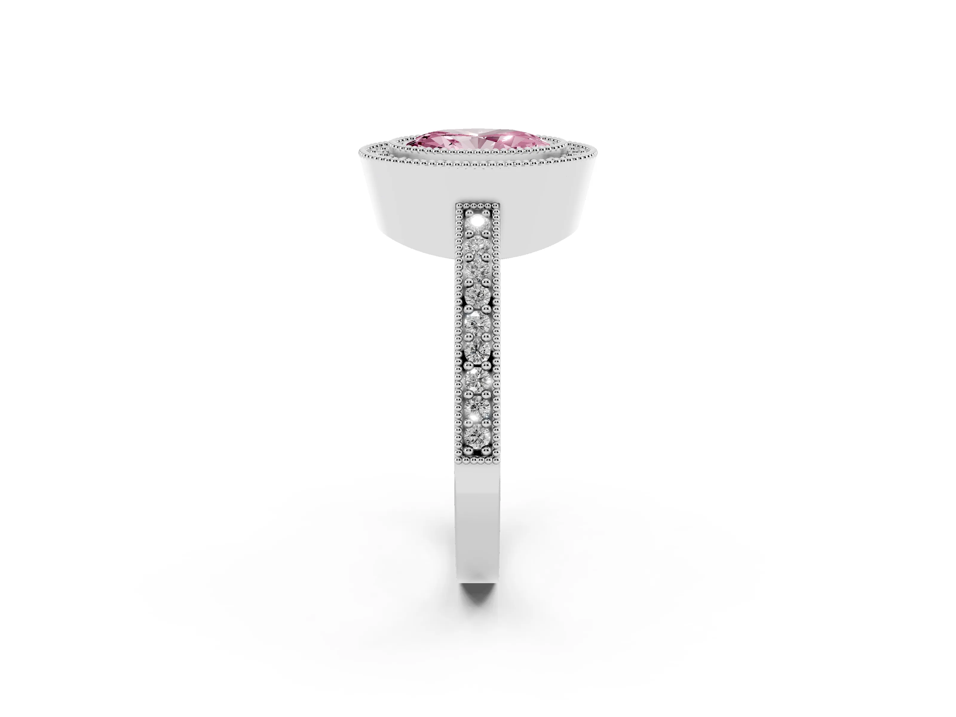 Fancy Pink Oval Cut Diamond Halo Engagement Ring Set in White gold with Pavé Band and Round Halo Stones