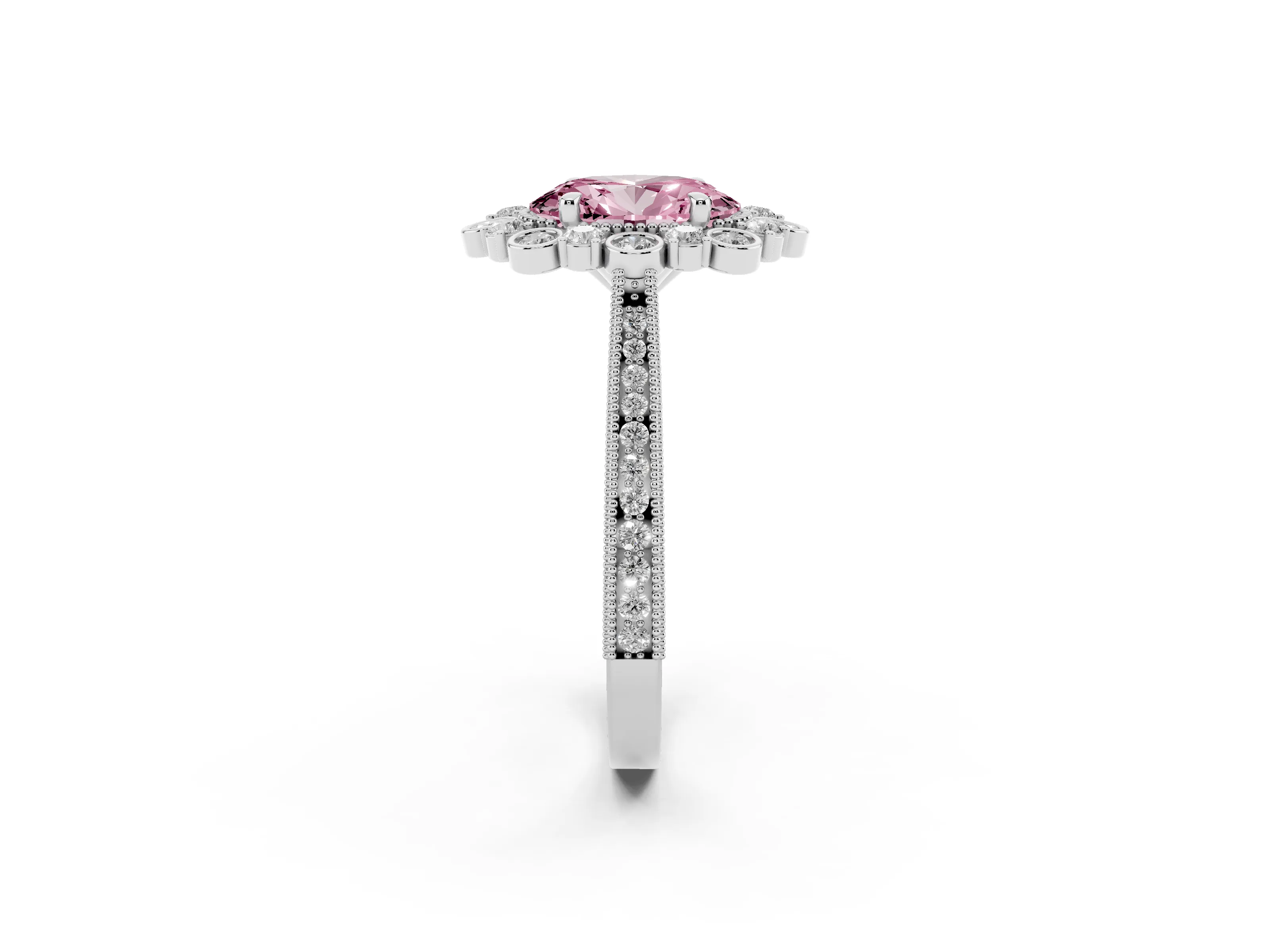 Fancy Pink Oval Cut Diamond Halo Milgrain Pavé Ring Set in Silver with Prong Setting