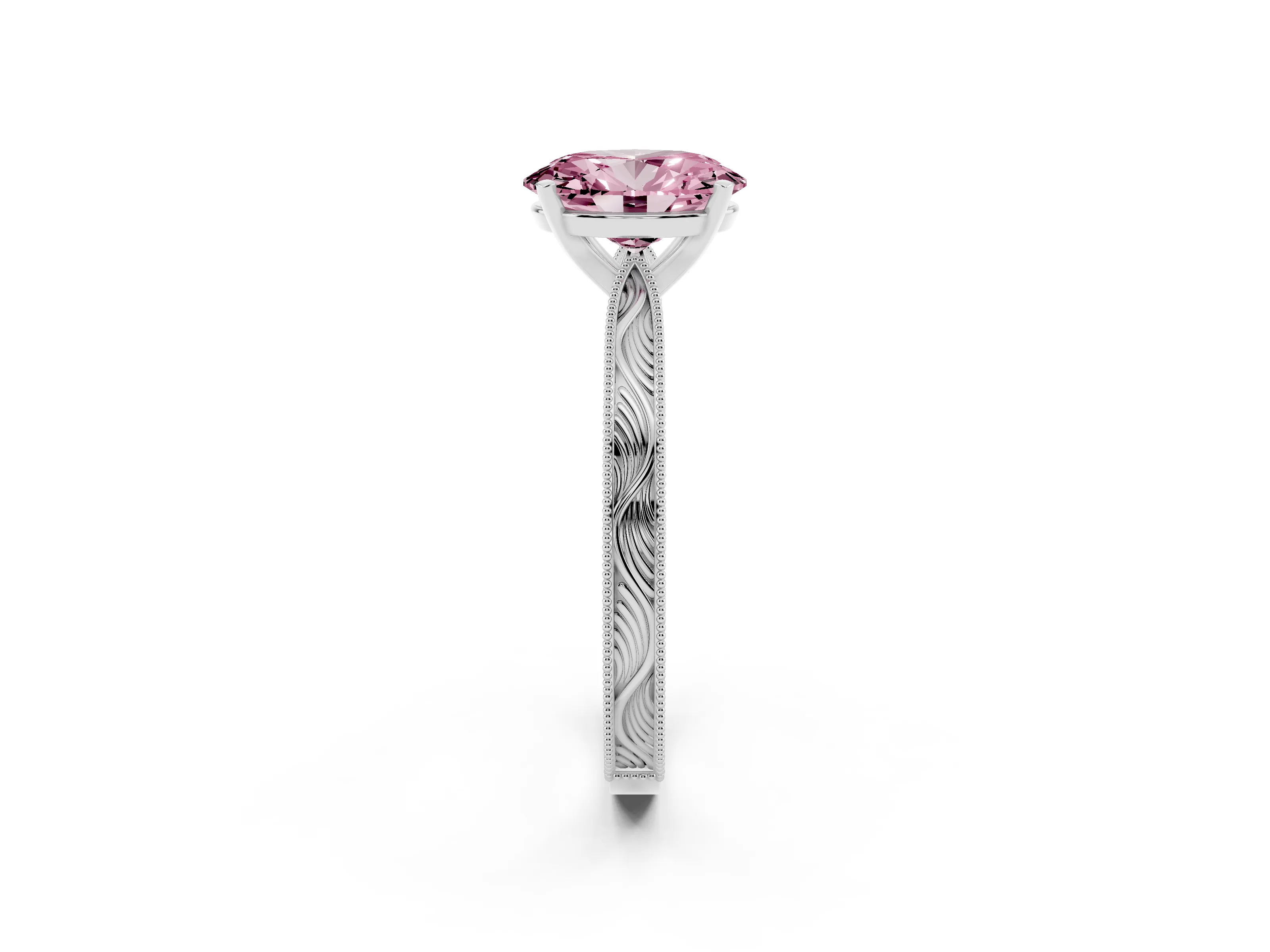 Fancy Pink Oval Cut Diamond Solitaire Milgrain Engraved Band Set in White gold with Prong Setting