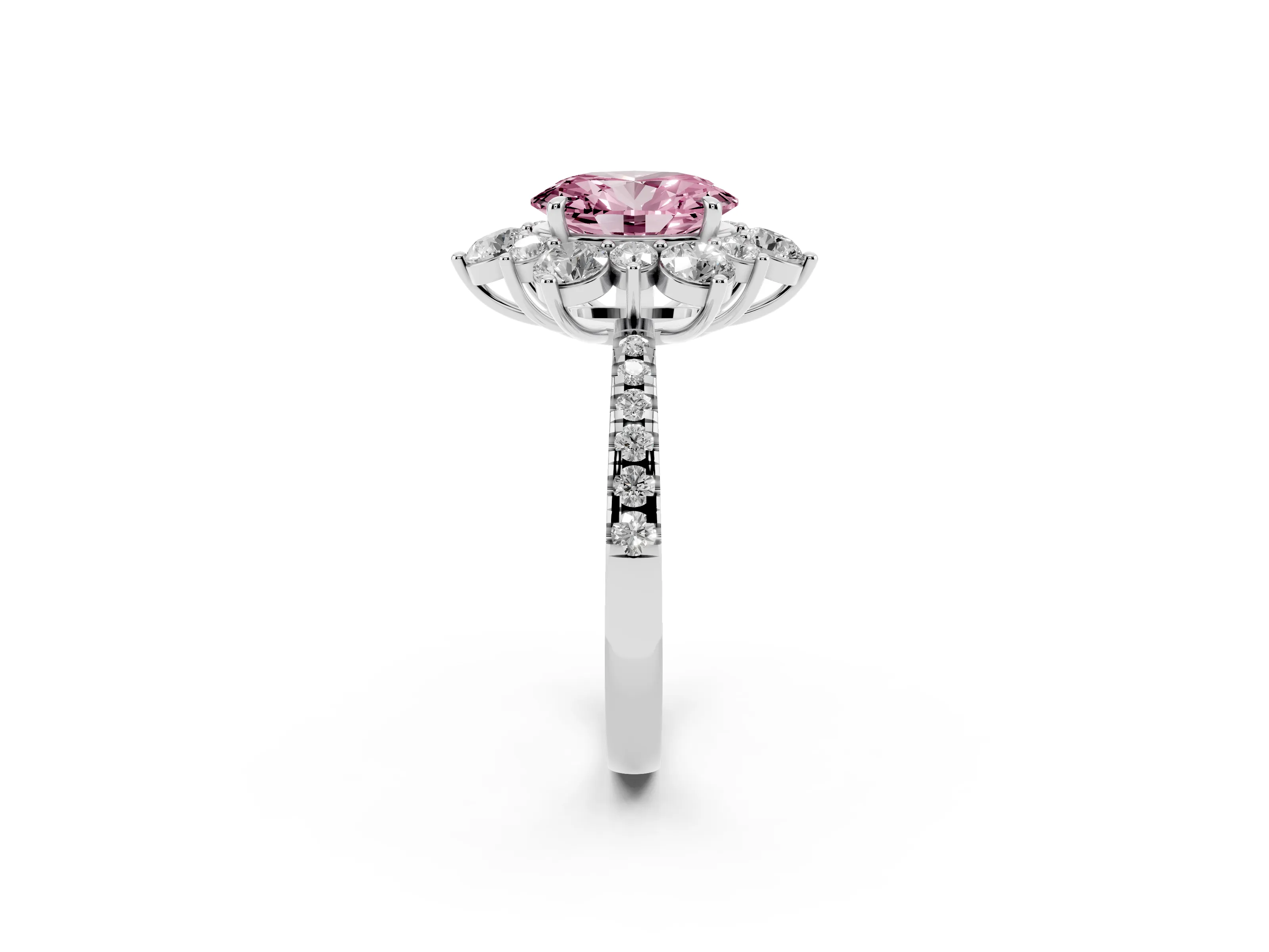 Fancy Pink Oval Cut Diamond Floral Halo Ring Set in Platinum with Round Pavé Band and Prong Setting