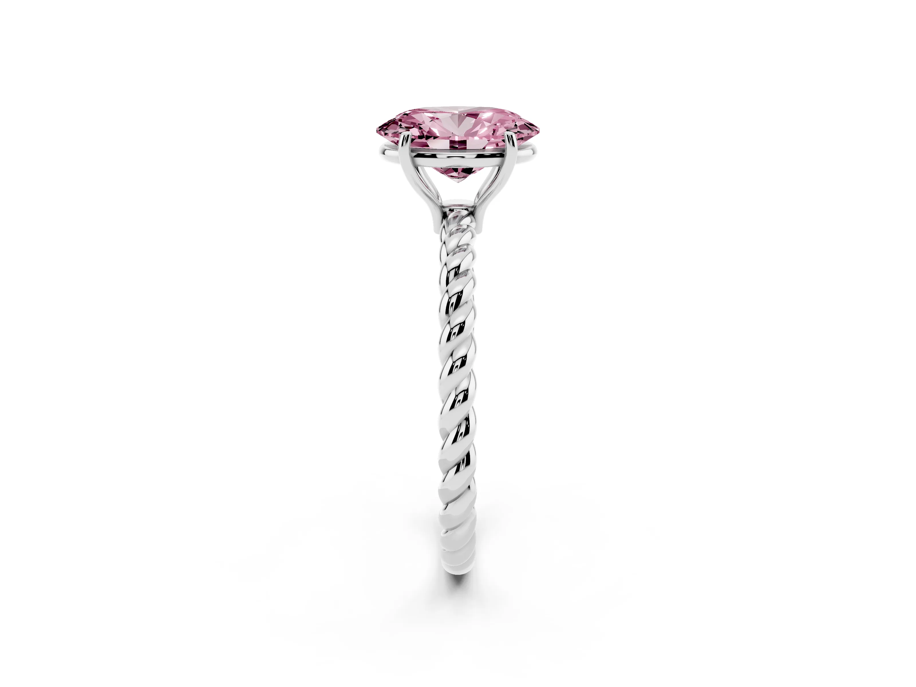 Fancy Pink Oval Cut Diamond Solitaire Twisted Band Ring Set in Silver with Prong Solitaire Setting