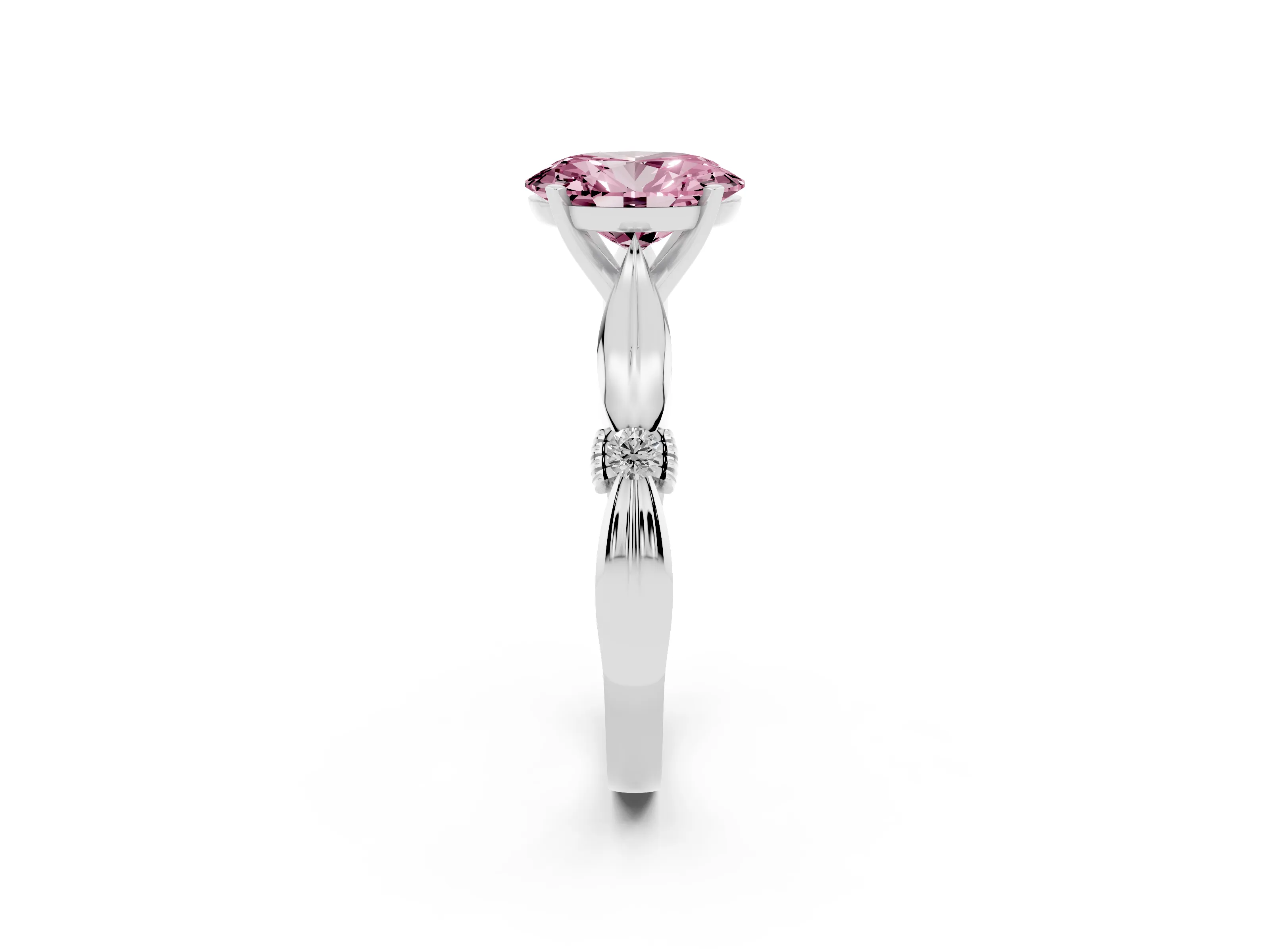 Fancy Pink Oval Cut Diamond Solitaire Twisted Band Ring Set in Silver with Accent Stones and Prong Setting