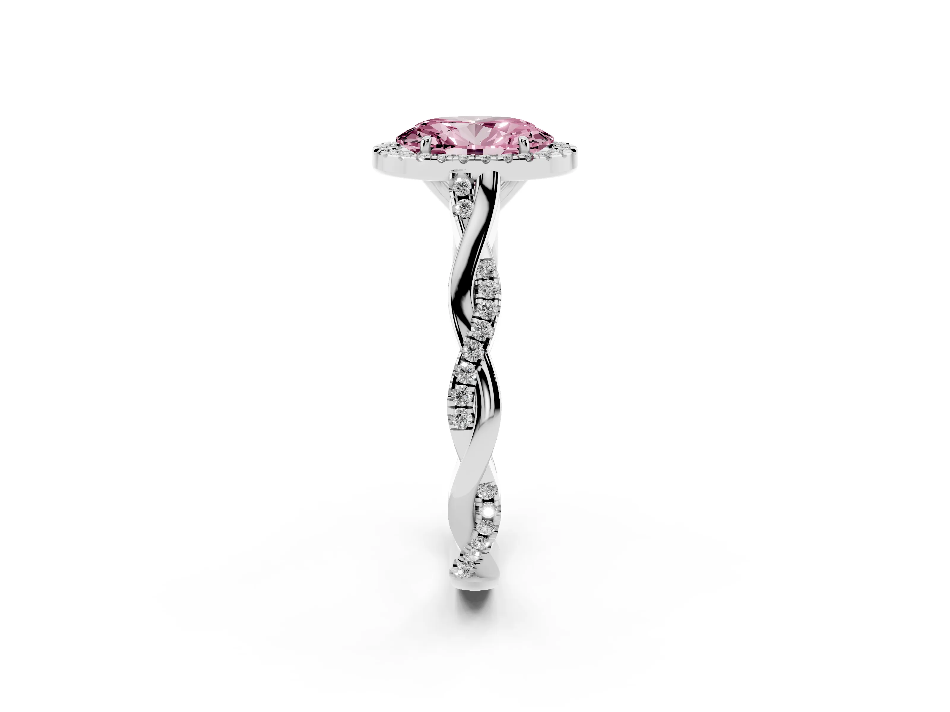 Fancy Pink Oval Cut Diamond Halo Twist Band Solitaire Ring Set in Silver with Prong Setting
