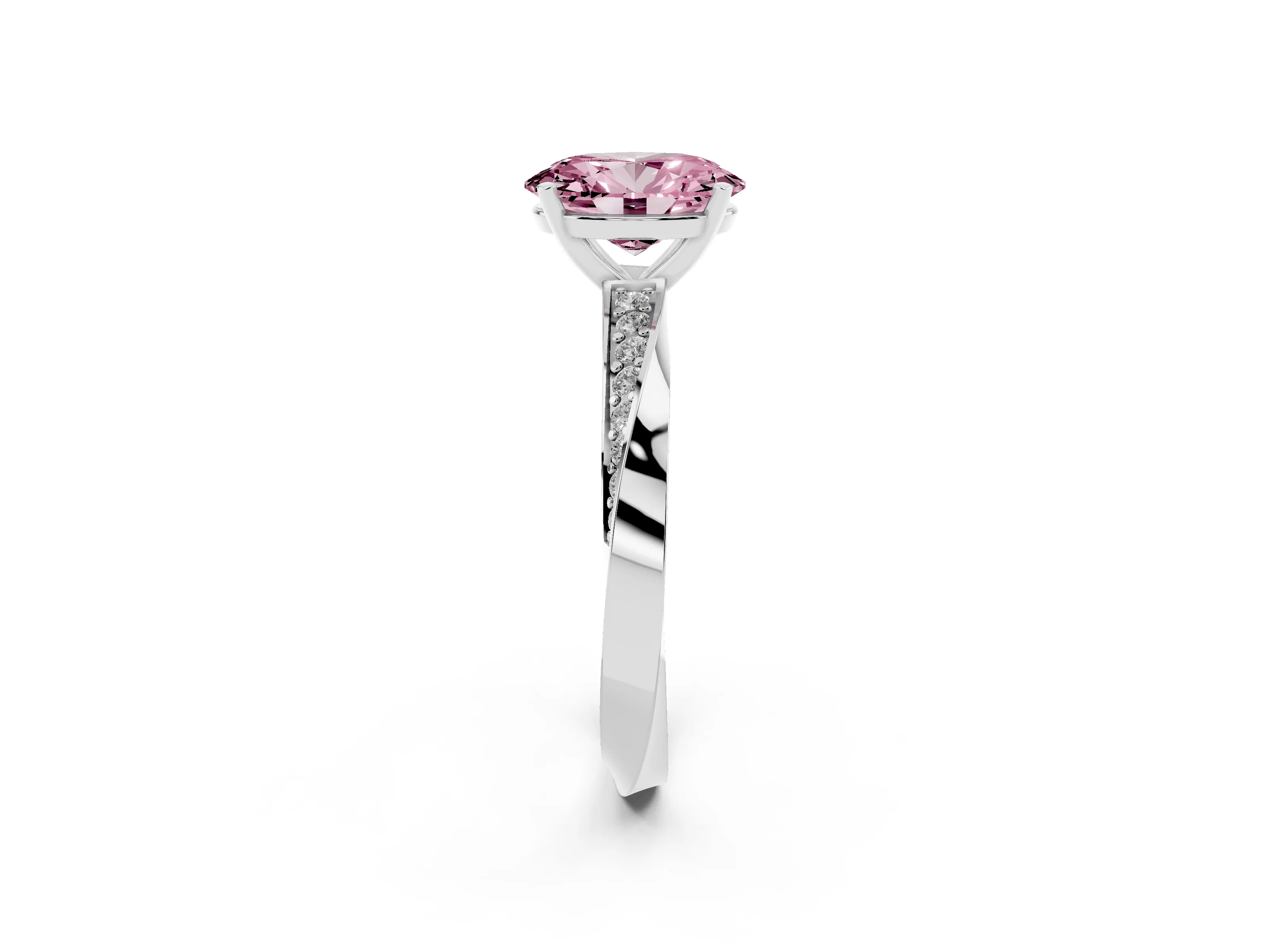 Fancy Pink Oval Cut Diamond Engagement Ring Set in White gold with Side Stone Accents and Prong Setting