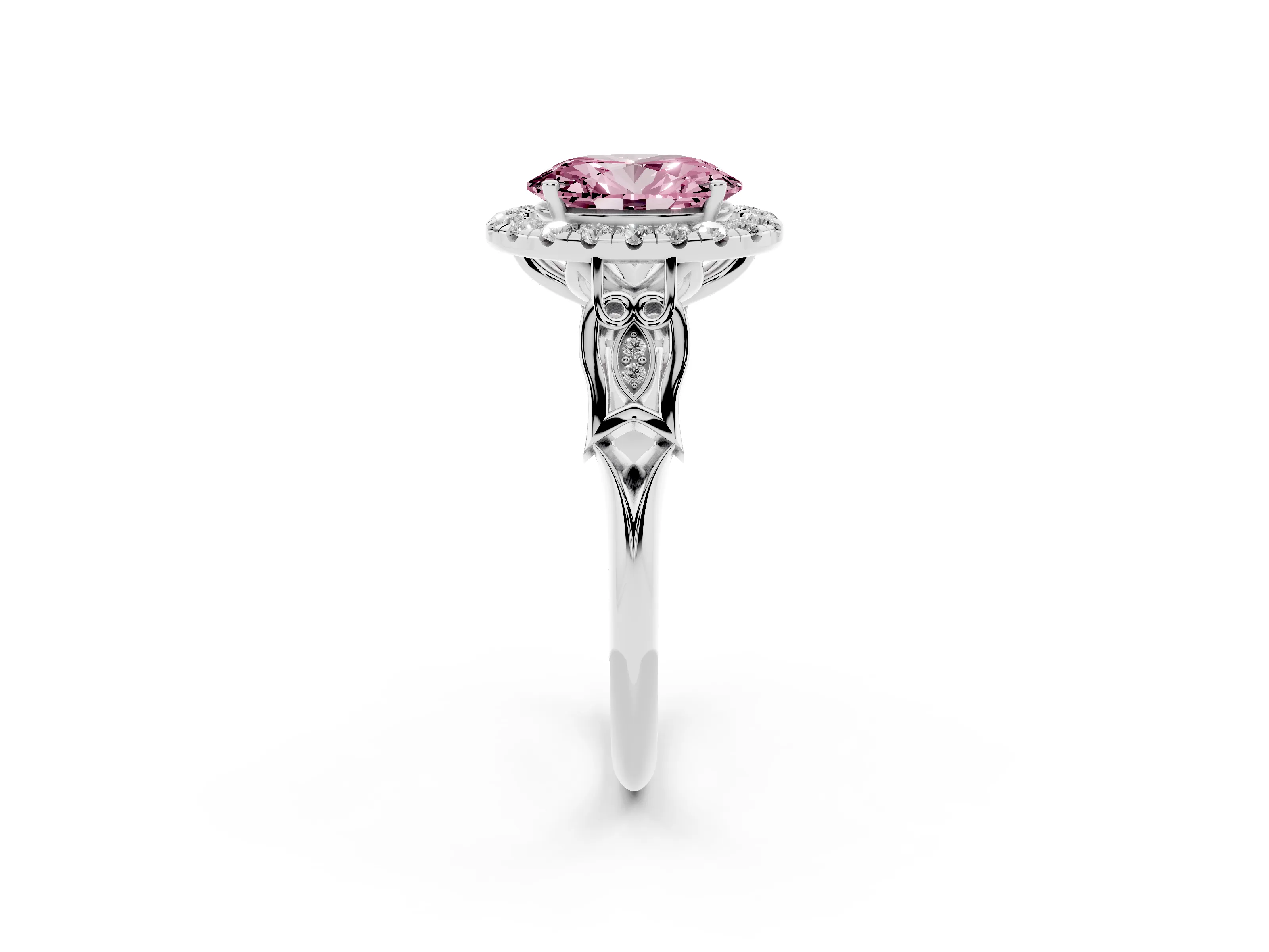 Fancy Pink Oval Cut Diamond Halo Engagement Ring Set in Platinum with Filigree Band and Prong-Set Center