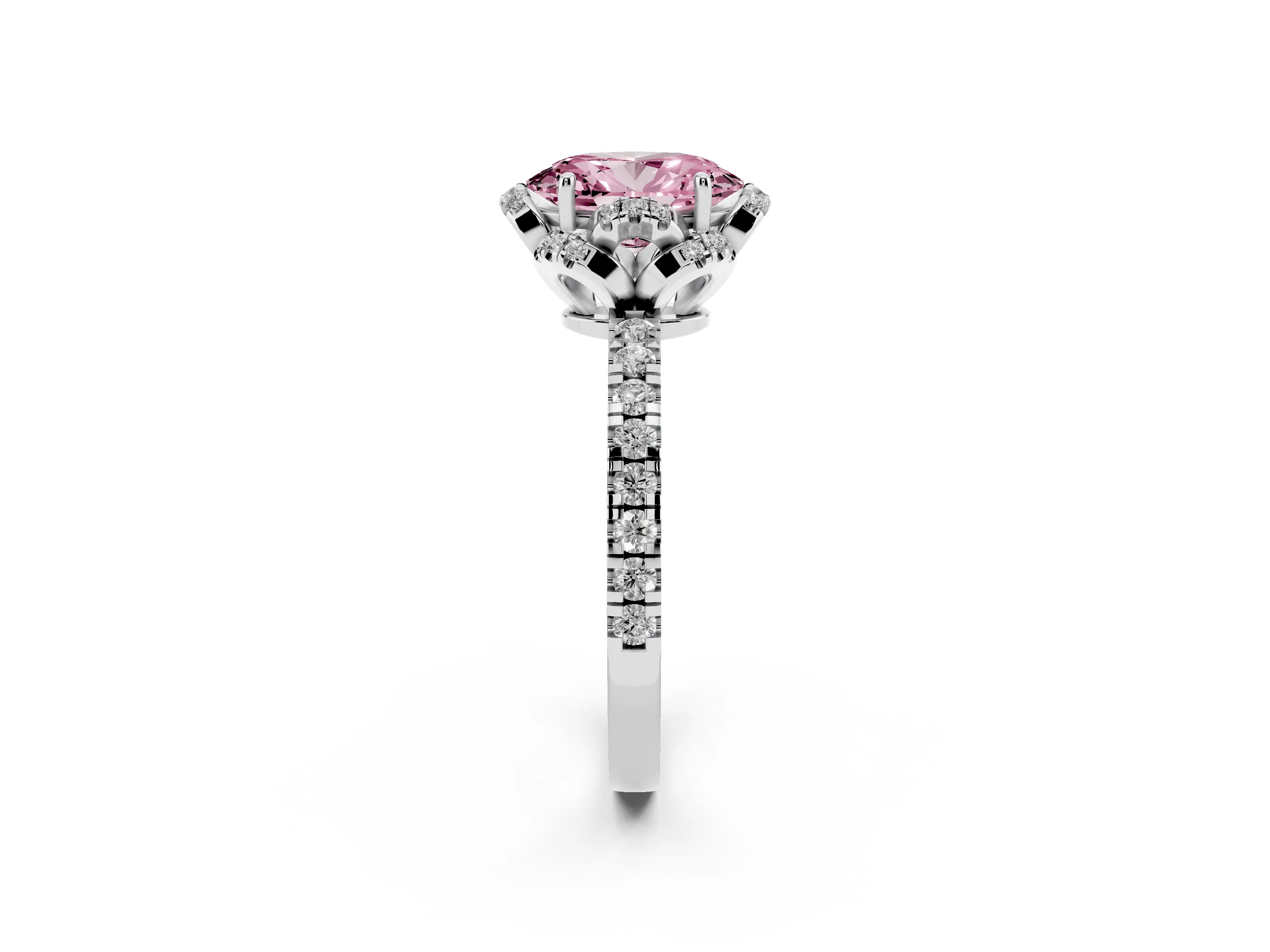 Fancy Pink Oval Cut Diamond Halo Pavé Band Ring Set in Platinum with Prong-Held Center