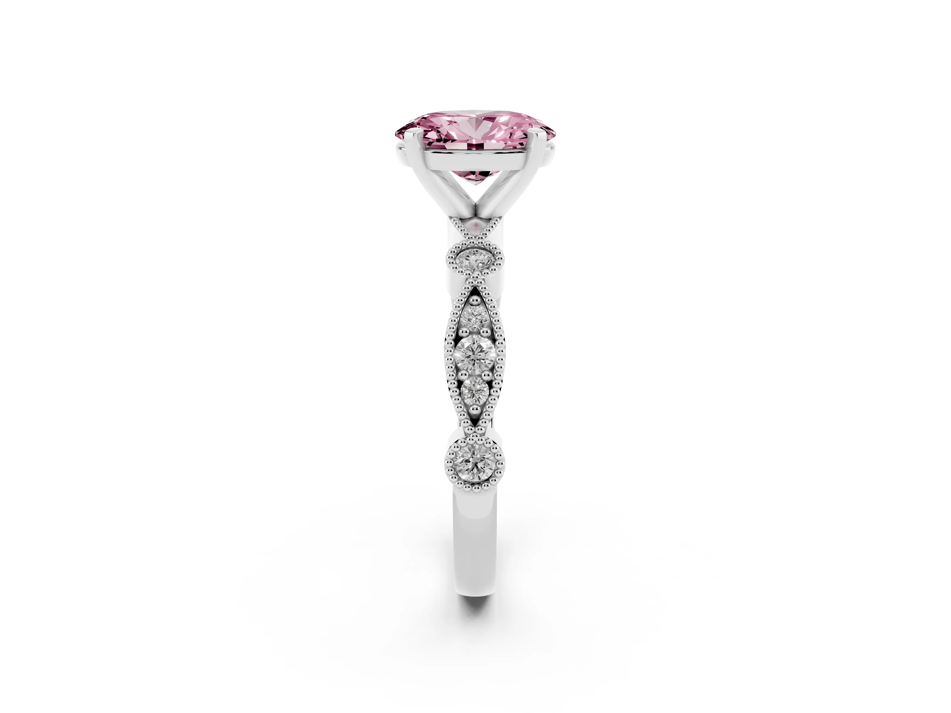 Fancy Pink Oval Cut Diamond Solitaire Engagement Ring Set in Platinum with Milgrain Bezel Accent Band