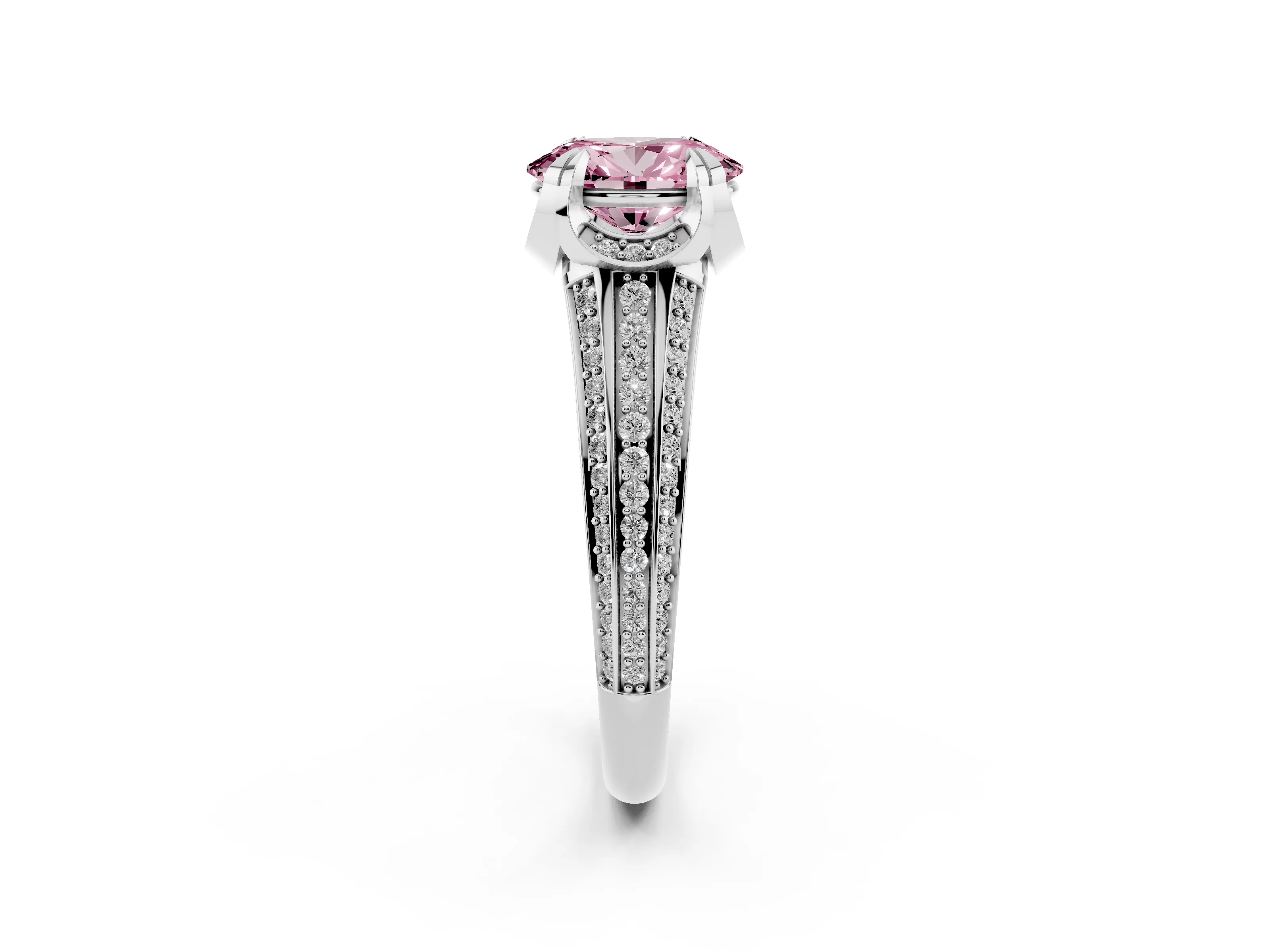 Fancy Pink Oval Cut Diamond Pavé Split Shank Solitaire Ring Set in Platinum with Prong Setting