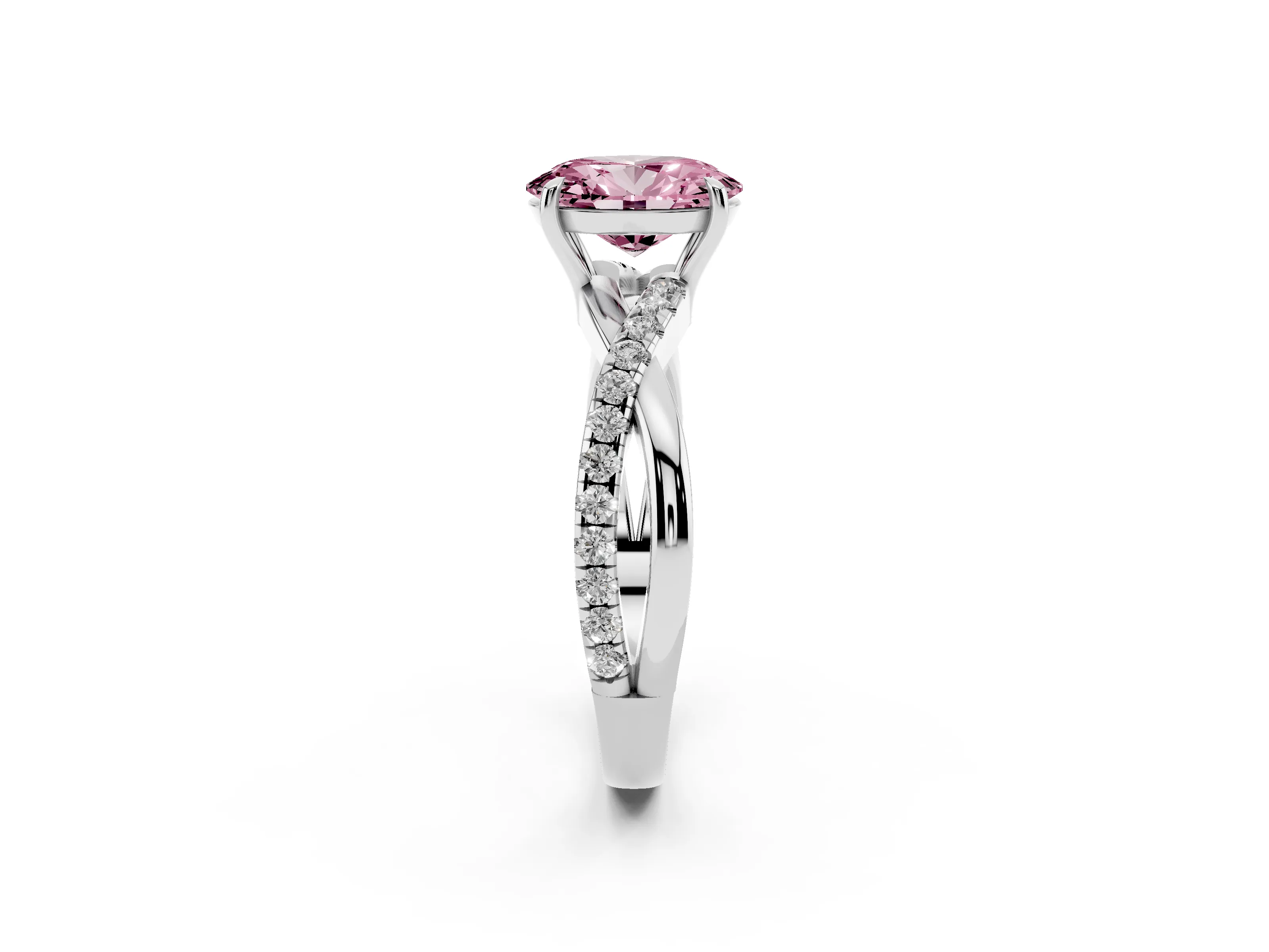 Fancy Pink Oval Cut Diamond Twisted Pavé Band Ring Set in Silver with Prong Setting
