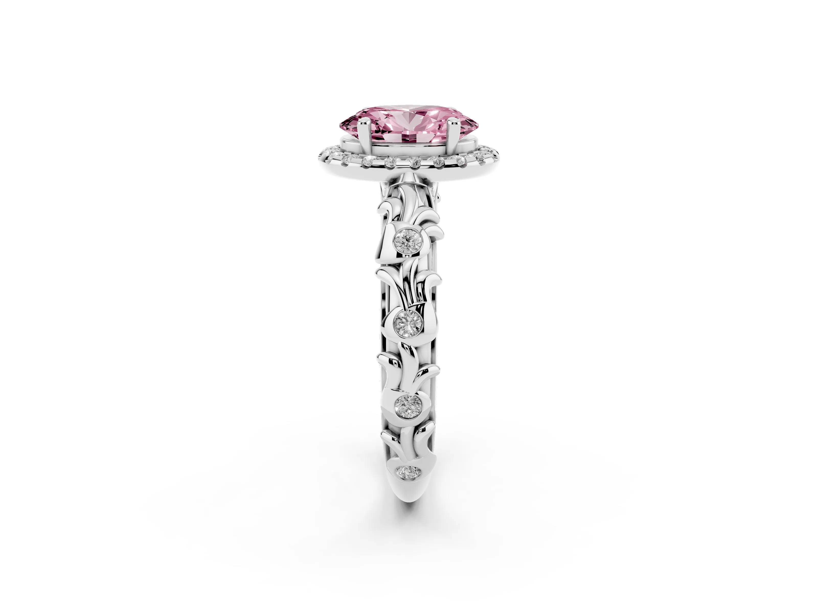 Fancy Pink Oval Cut Diamond Halo Ring Set in White gold with Filigree Leaf Band and Prong Setting