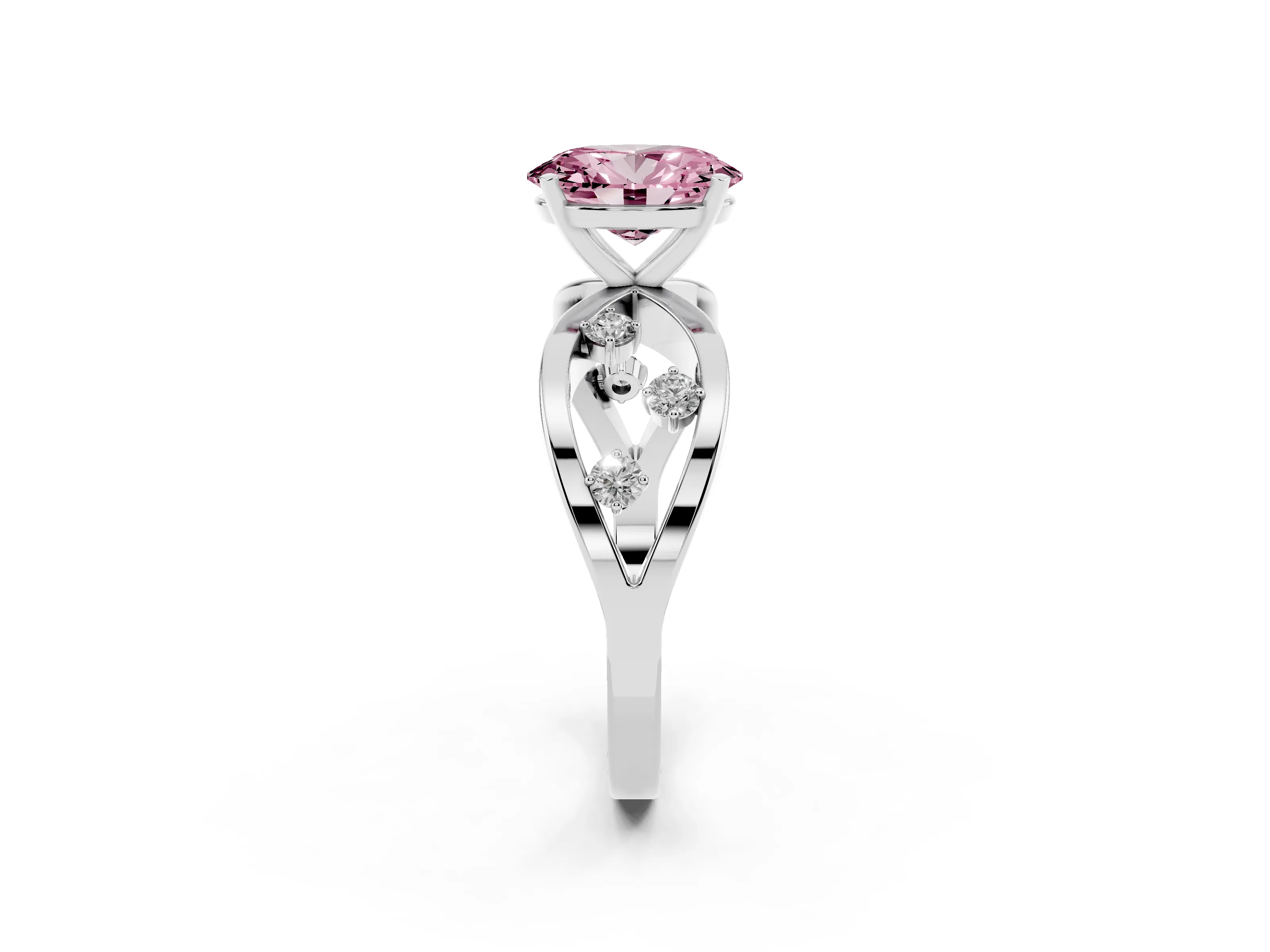 Fancy Pink Oval Cut Diamond Solitaire Ring Set in White gold with Side Stones on Criss-Cross Band and Prong Setting