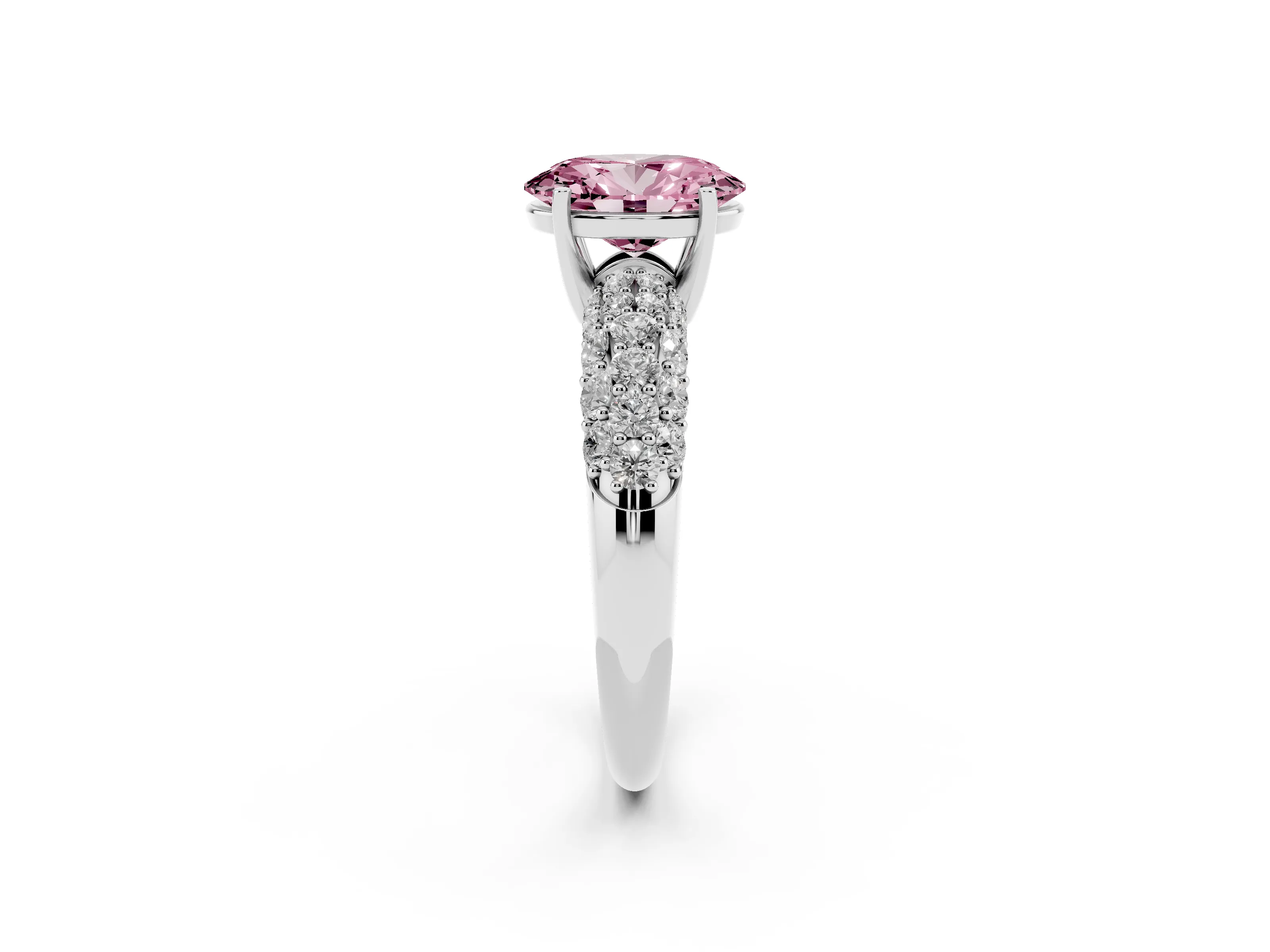 Fancy Pink Oval Cut Diamond Pavé Band Solitaire Ring Set in White gold with Close-Set Accent Stones and Prong Setting
