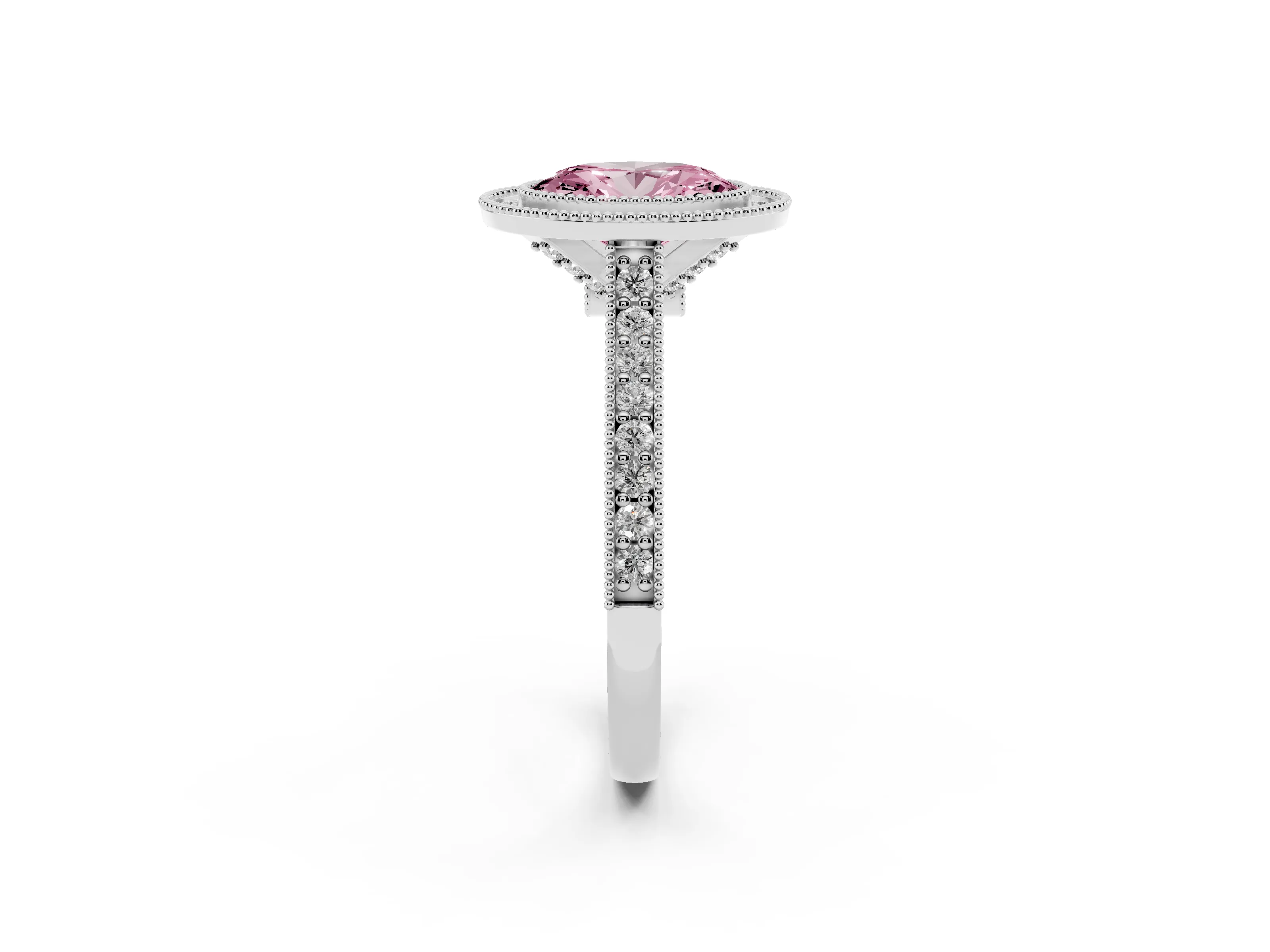 Fancy Pink Oval Cut Diamond Halo Milgrain Pavé Band Ring Set in Silver with Prong Setting