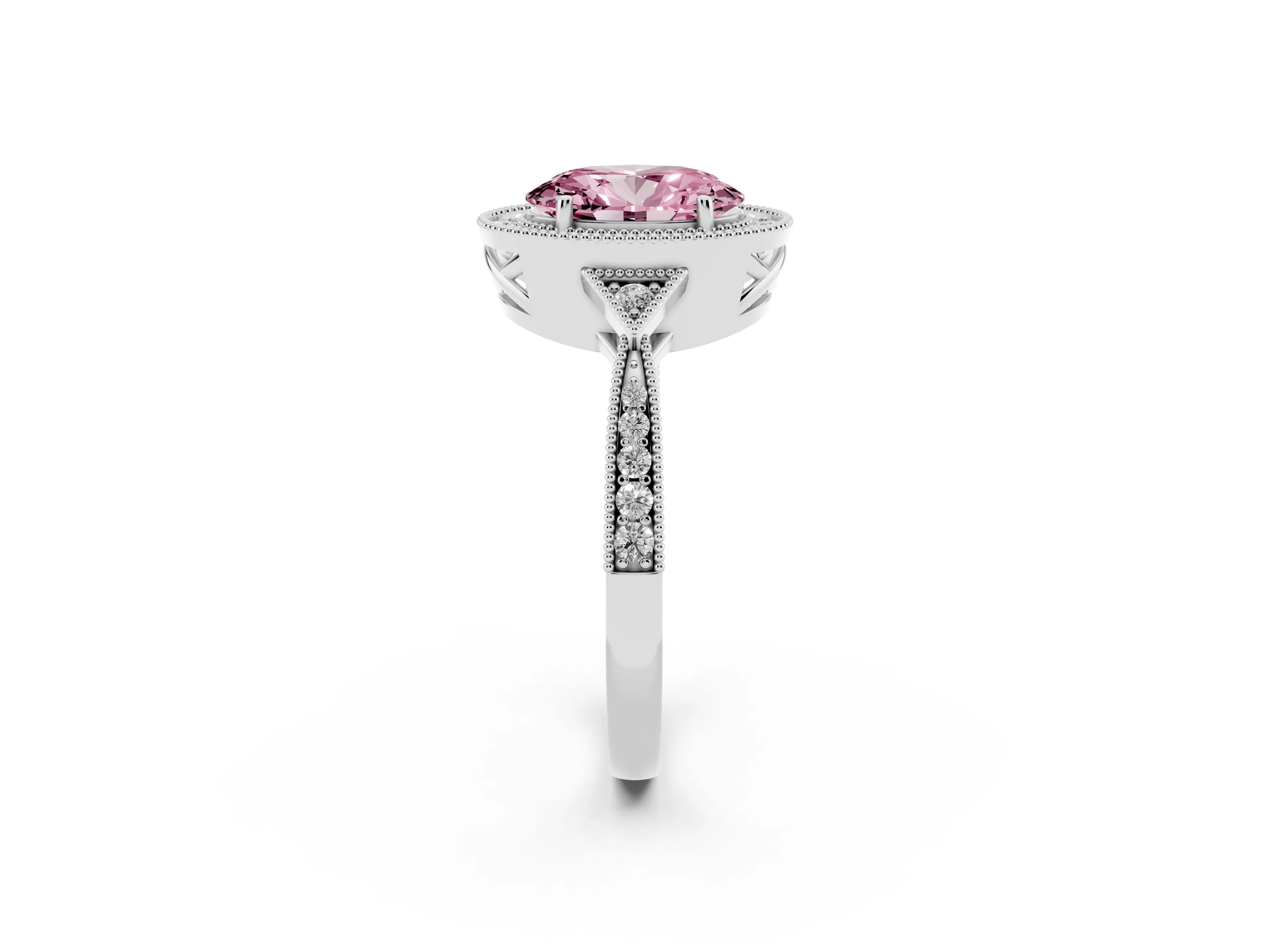 Fancy Pink Oval Cut Diamond Halo Engagement Ring Set in Silver with Milgrain Pavé Band