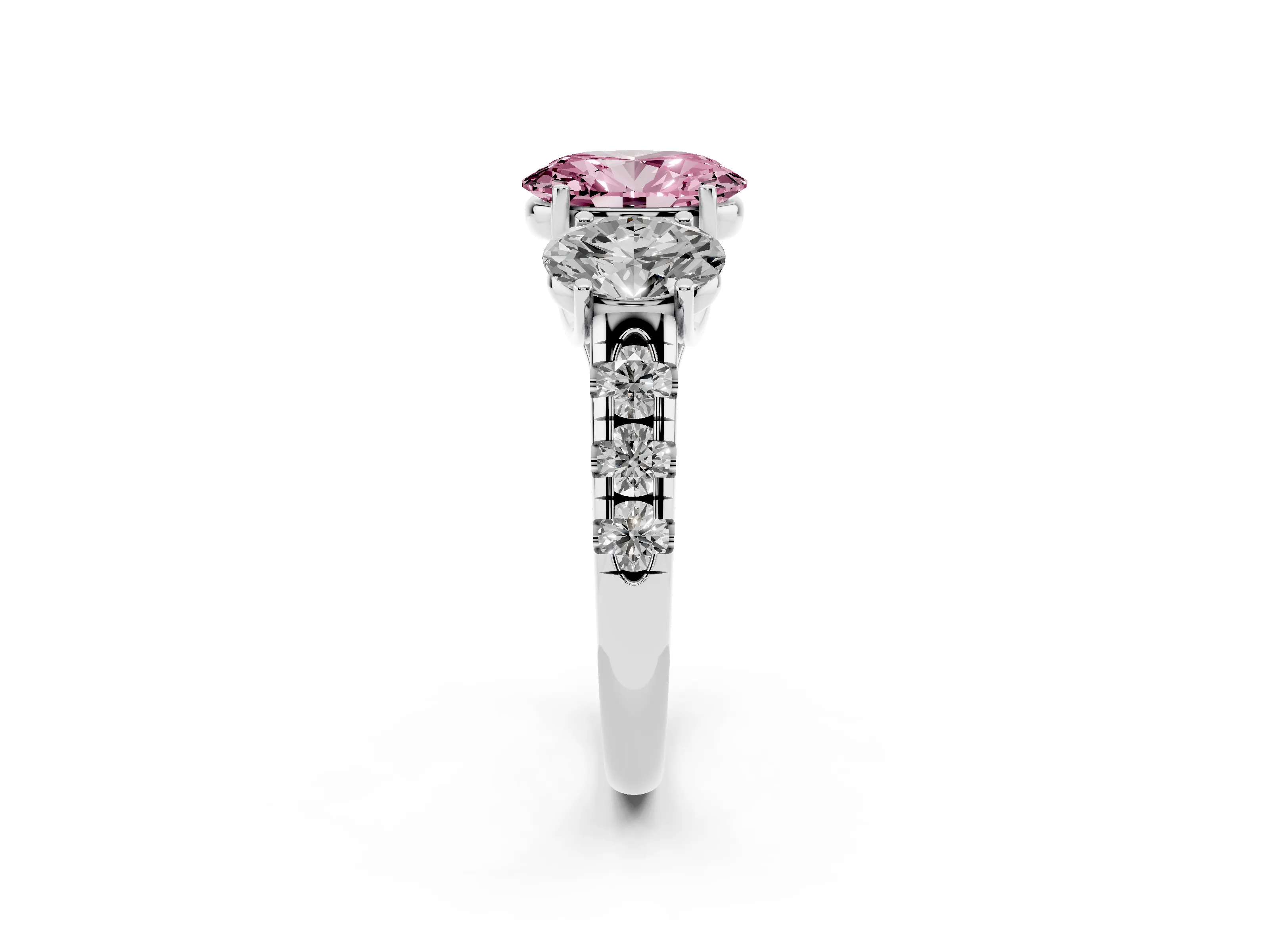Fancy Pink Oval Cut Diamond Three-Stone Ring Set in Silver with Pavé Band