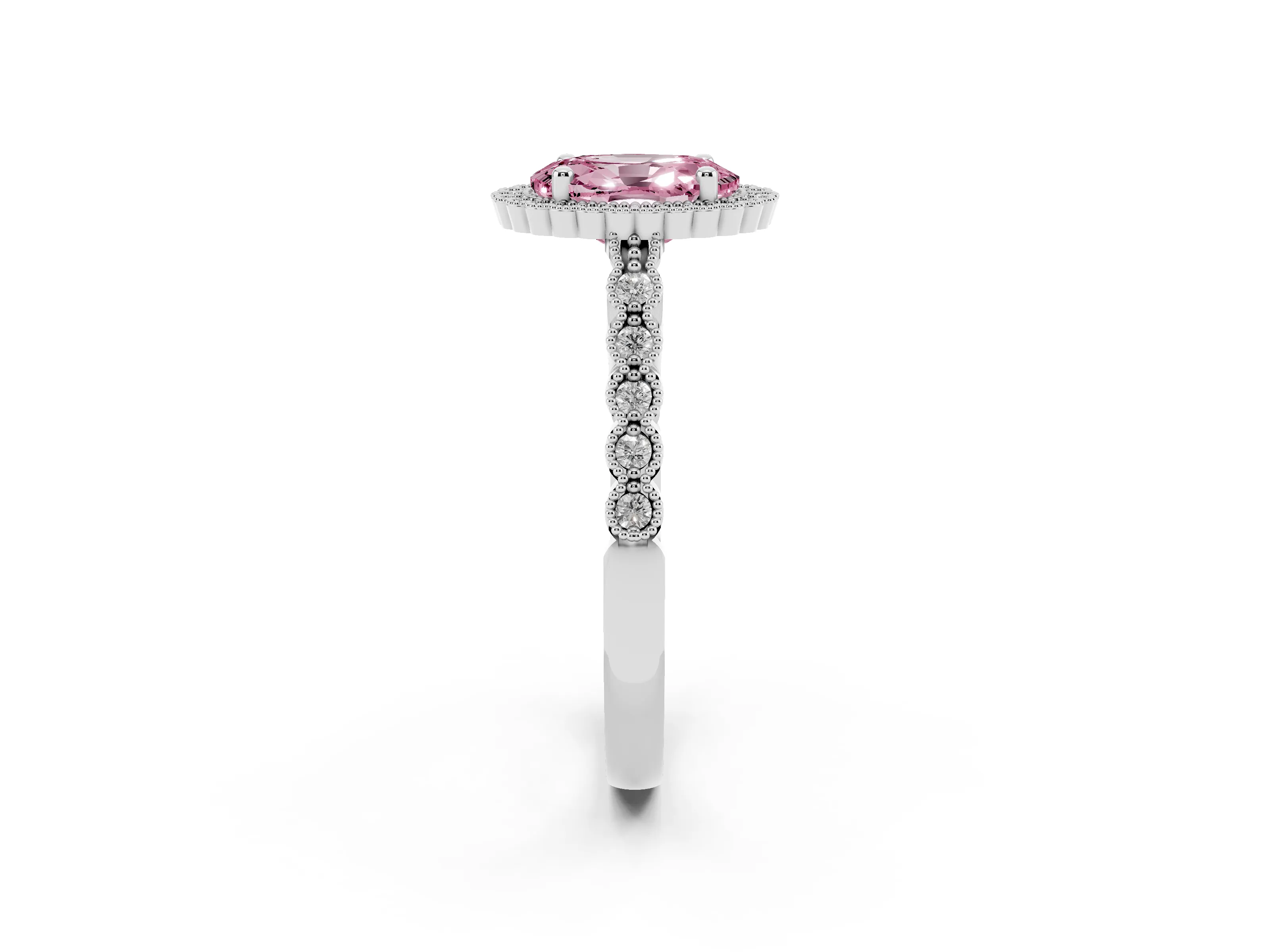 Fancy Pink Oval Cut Diamond Halo Ring Set in Silver with Pavé Milgrain Band