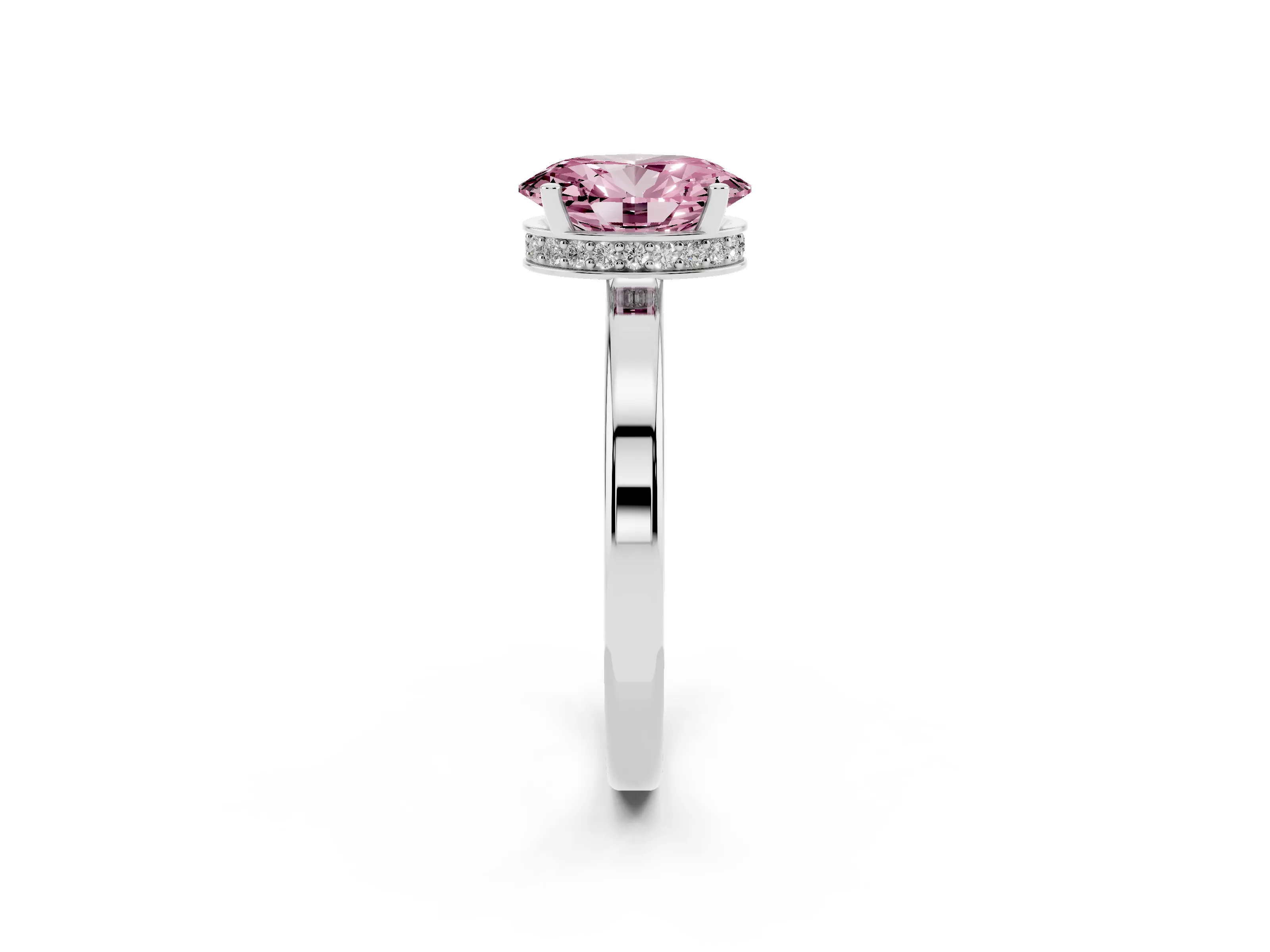Fancy Pink Oval Cut Diamond Solitaire Engagement Ring Set in White gold with Prong Setting on a Plain Band