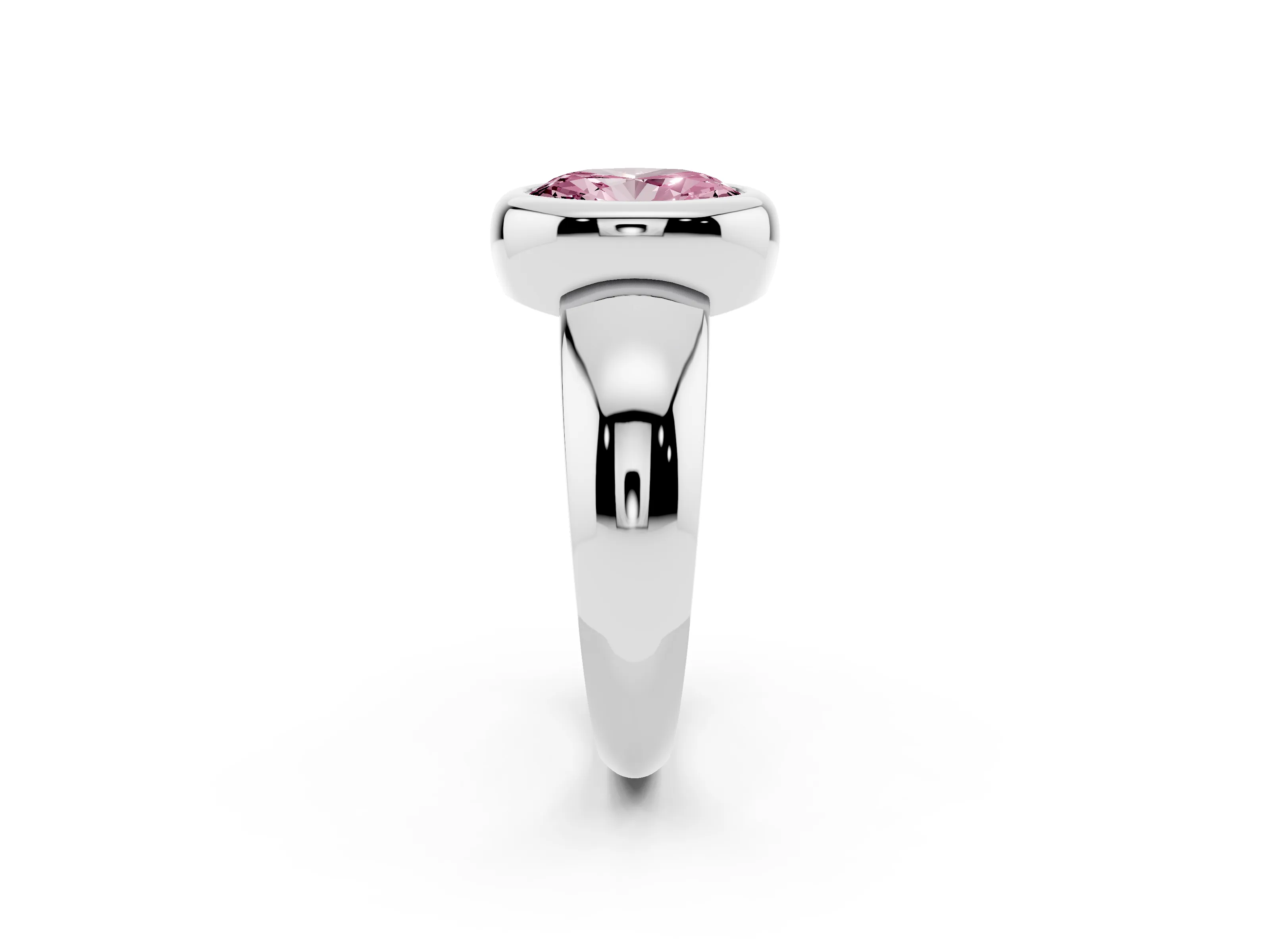 Fancy Pink Bezel Set Oval Cut Diamond Solitaire Ring Set in Silver with Wide Band