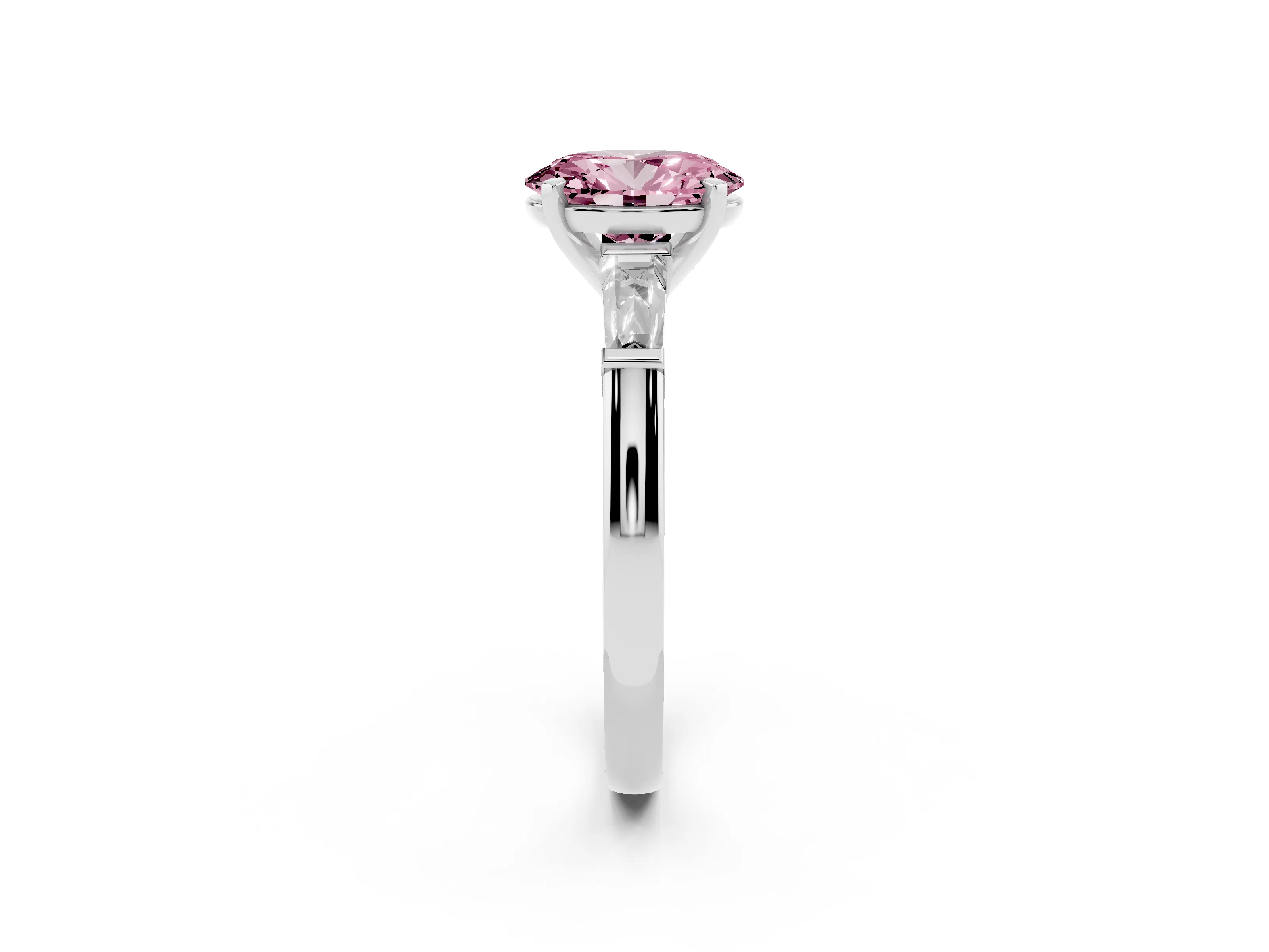Fancy Pink Oval Cut Diamond Solitaire Ring Set in Platinum with Tapered Baguette Side Stones and Prong Setting