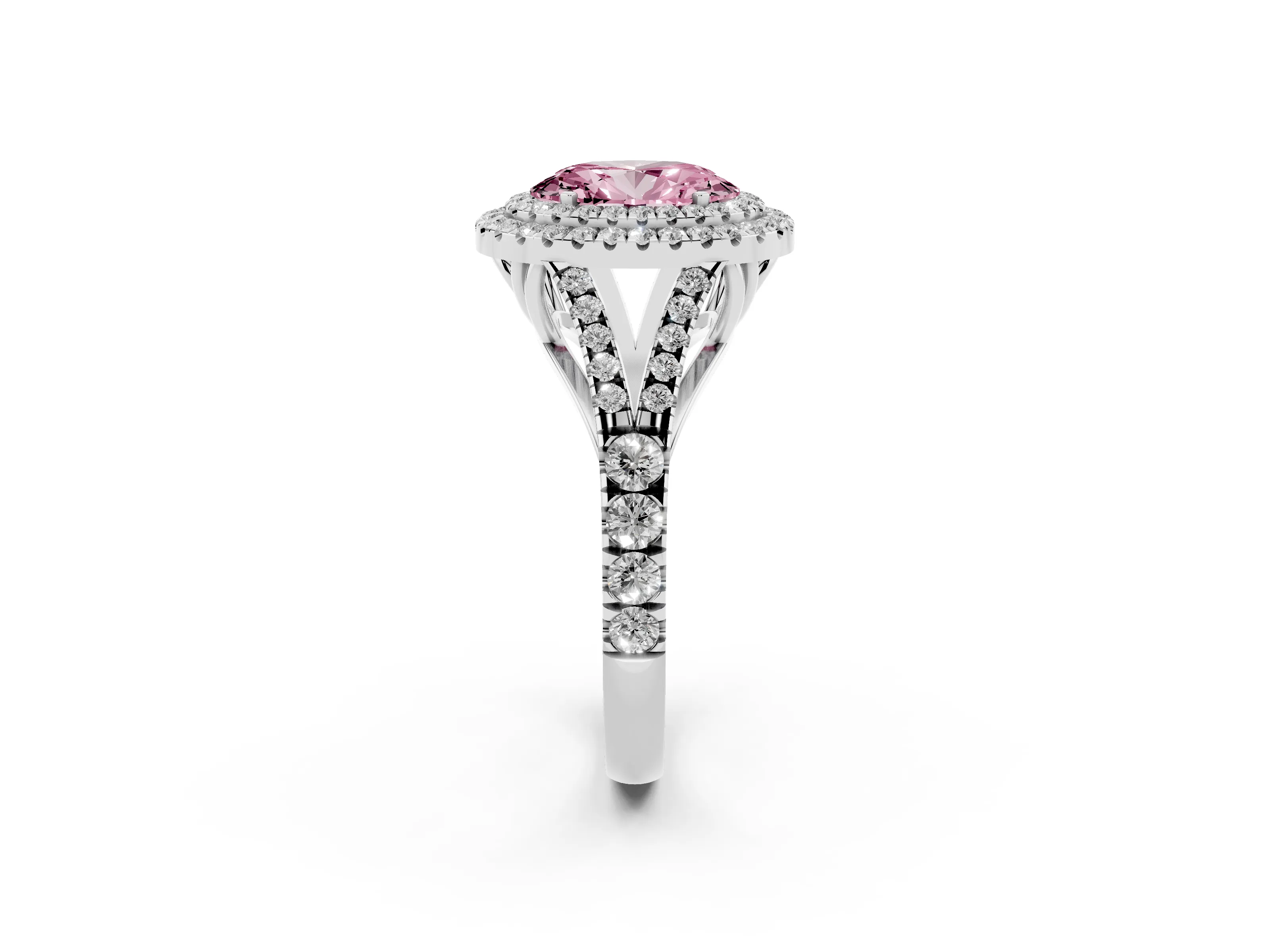 Fancy Pink Oval Cut Diamond Pavé Split Shank Double Halo Engagement Ring Set in Silver