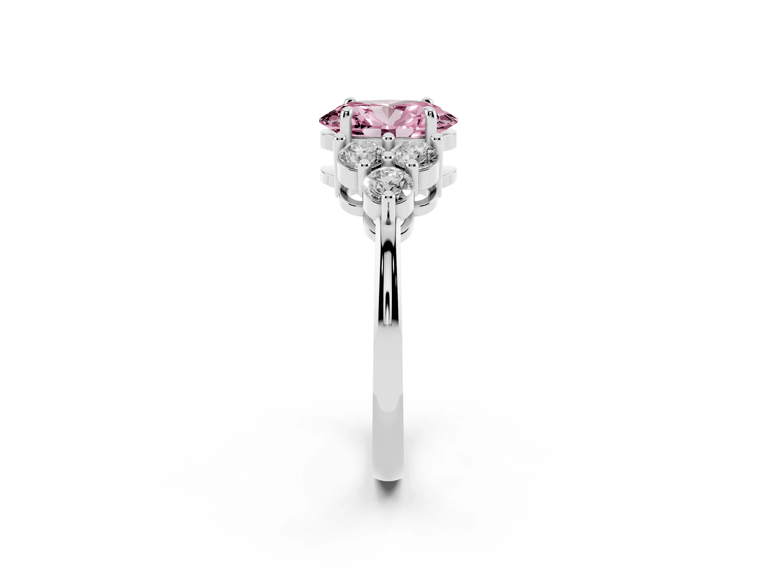 Fancy Pink Oval Cut Diamond Solitaire Ring Set in Silver with Cluster Accents on Each Side