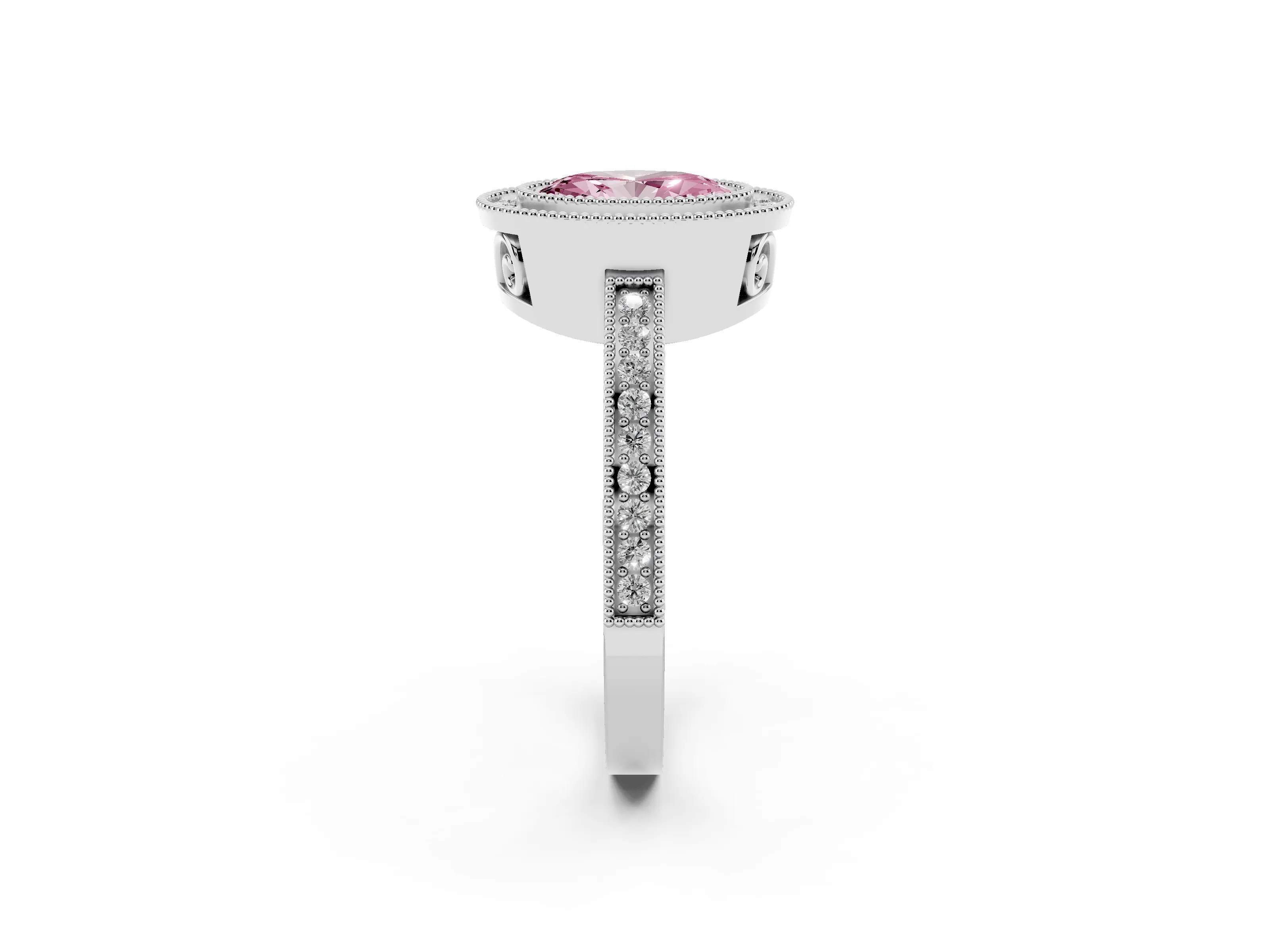 Fancy Pink Oval Cut Diamond Halo Ring Set in Platinum with Pavé Band and Milgrain-Edged Prongs