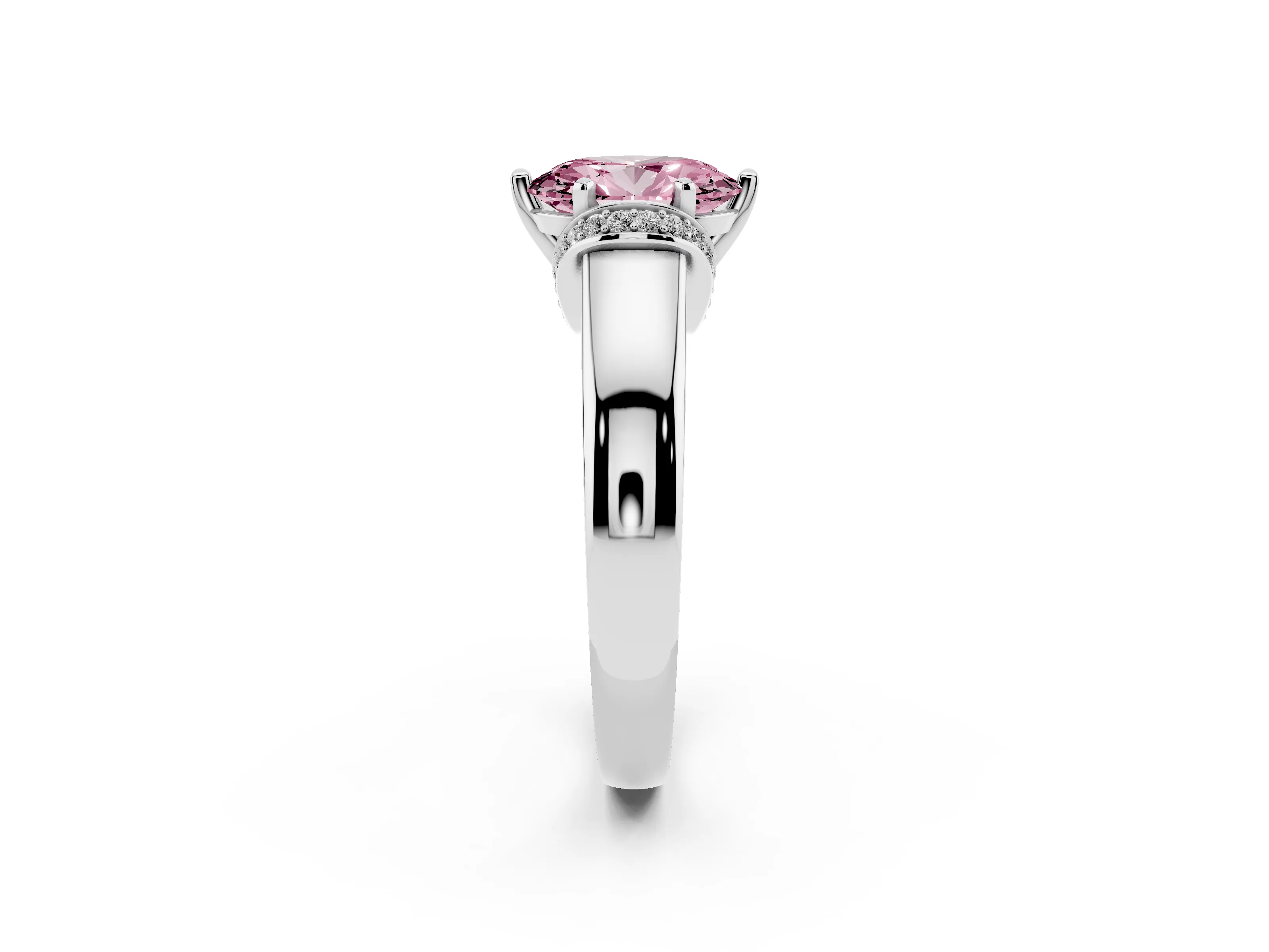 Fancy Pink Oval Cut Diamond Pavé Band Solitaire Ring Set in Silver with Prong Setting