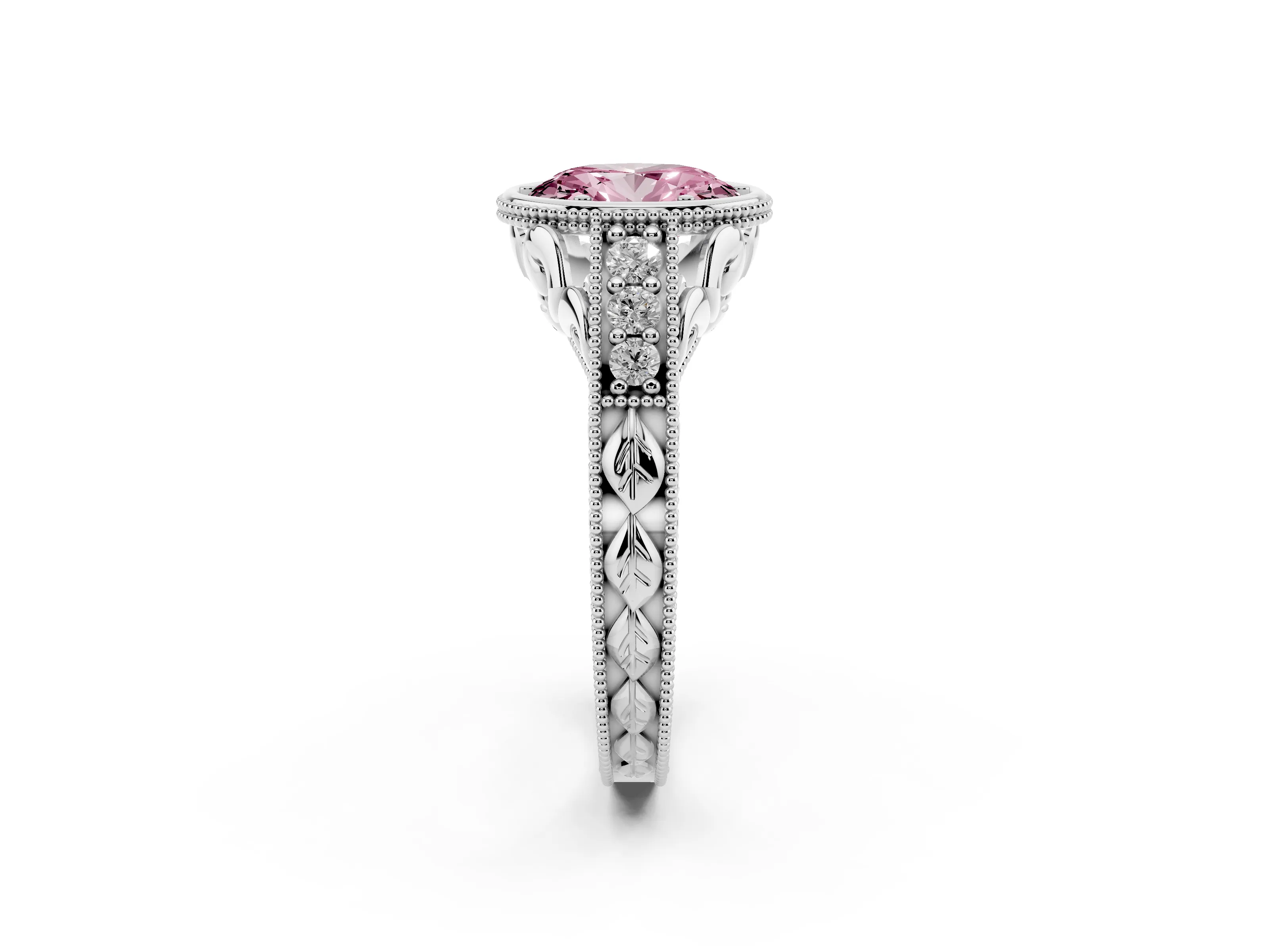 Fancy Pink Bezel Set Oval Cut Diamond Milgrain Pavé Engagement Ring Set in White gold