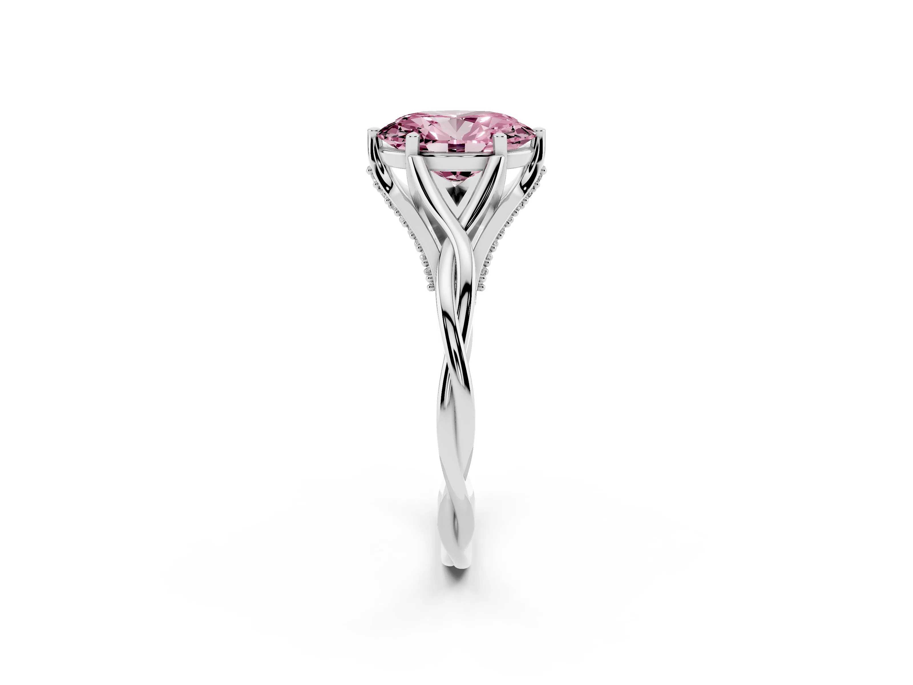 Fancy Pink Oval Cut Diamond Intertwined Twist Band Solitaire Ring Set in White gold with Prong Setting