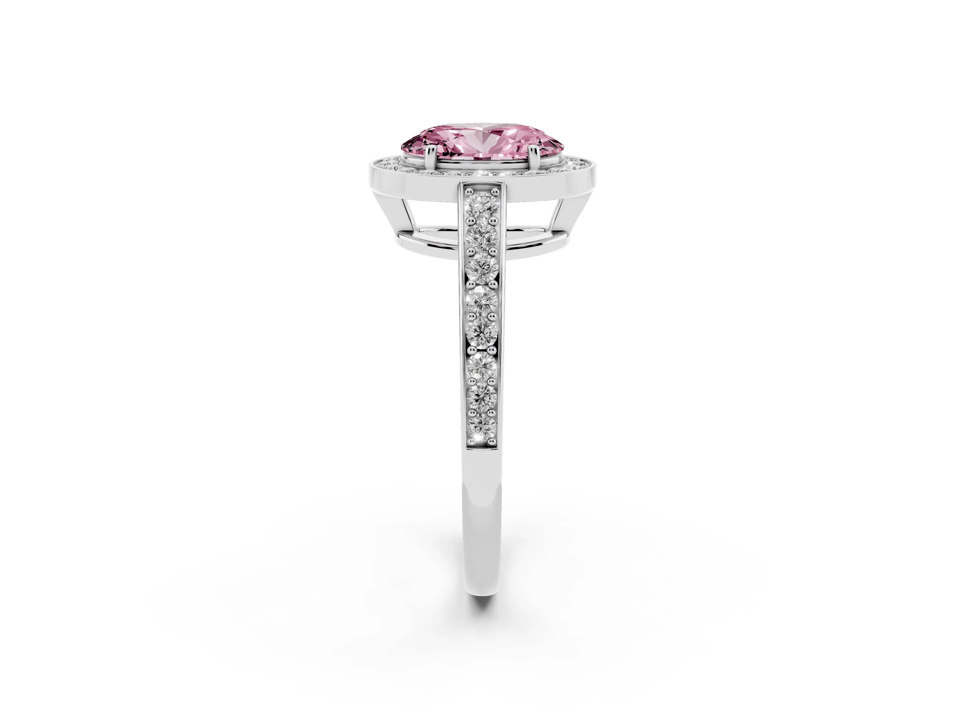 Fancy Pink Oval Cut Diamond Halo Pavé Engagement Ring Set in Platinum with Bezel Setting
