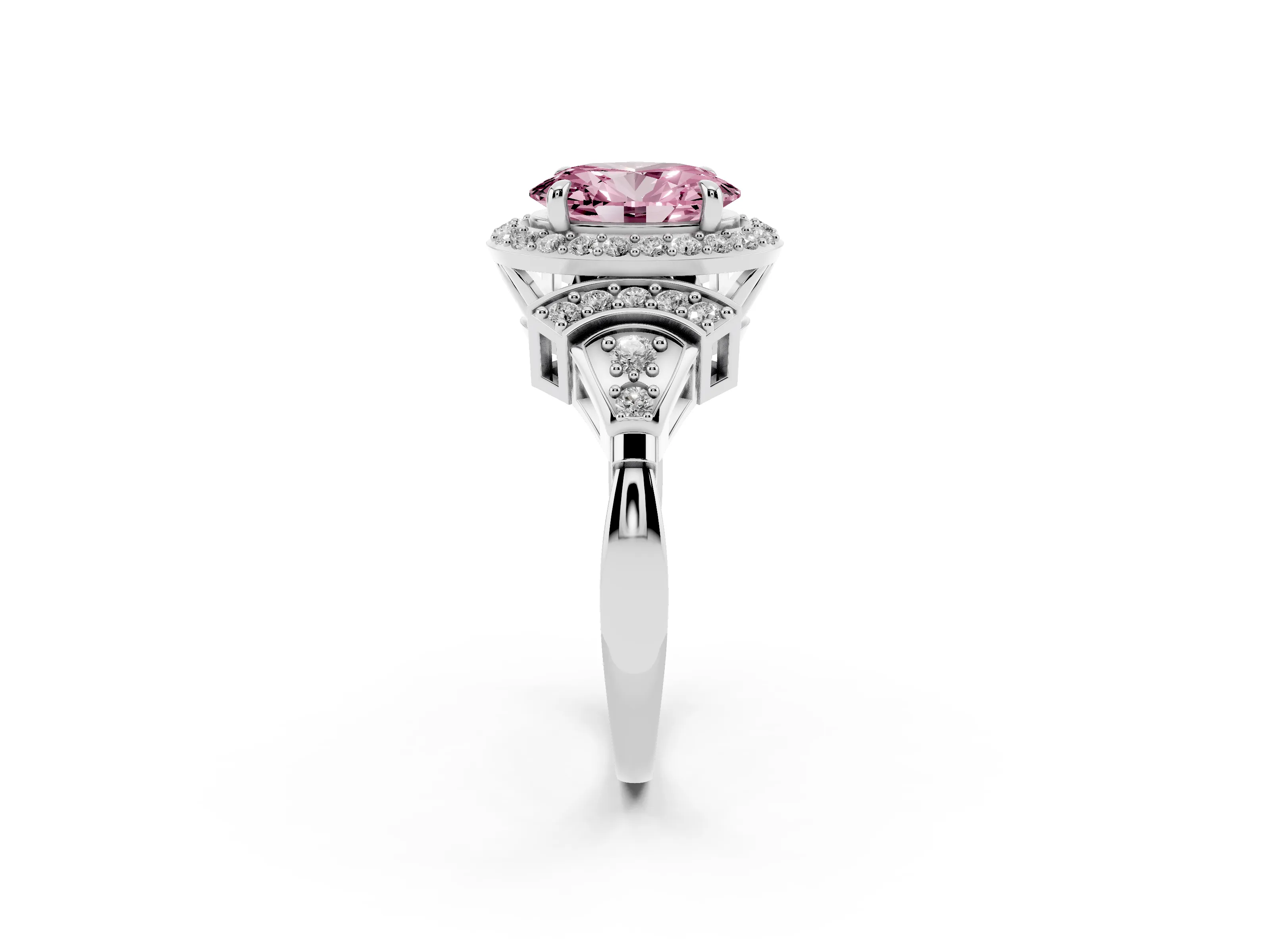 Fancy Pink Oval Cut Diamond Halo Engagement Ring Set in Silver with Accent Stone Split Shank