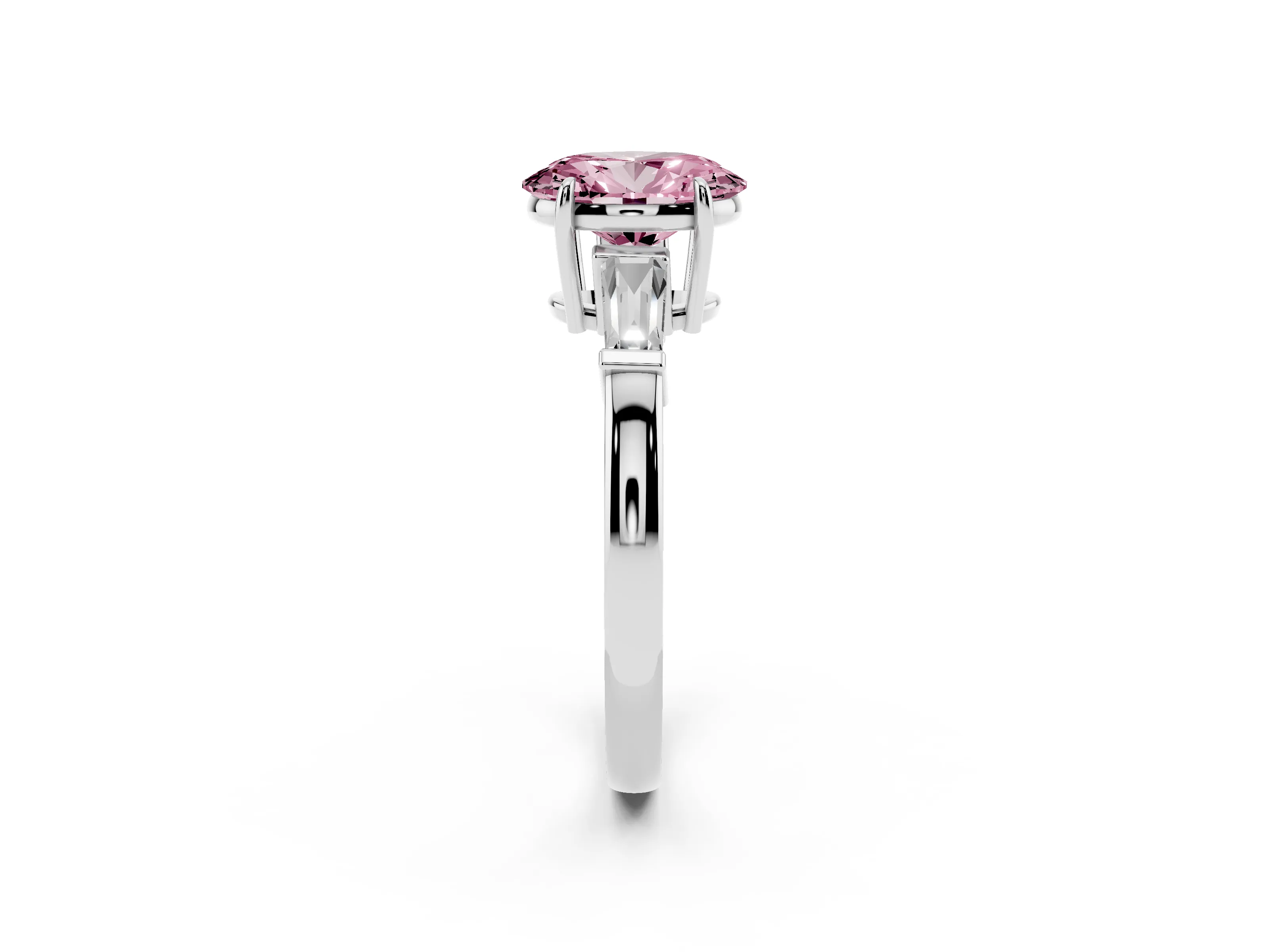 Fancy Pink Oval Cut Diamond Three-Stone Ring Set in White gold with Tapered Baguette Side Stones and Prong Setting
