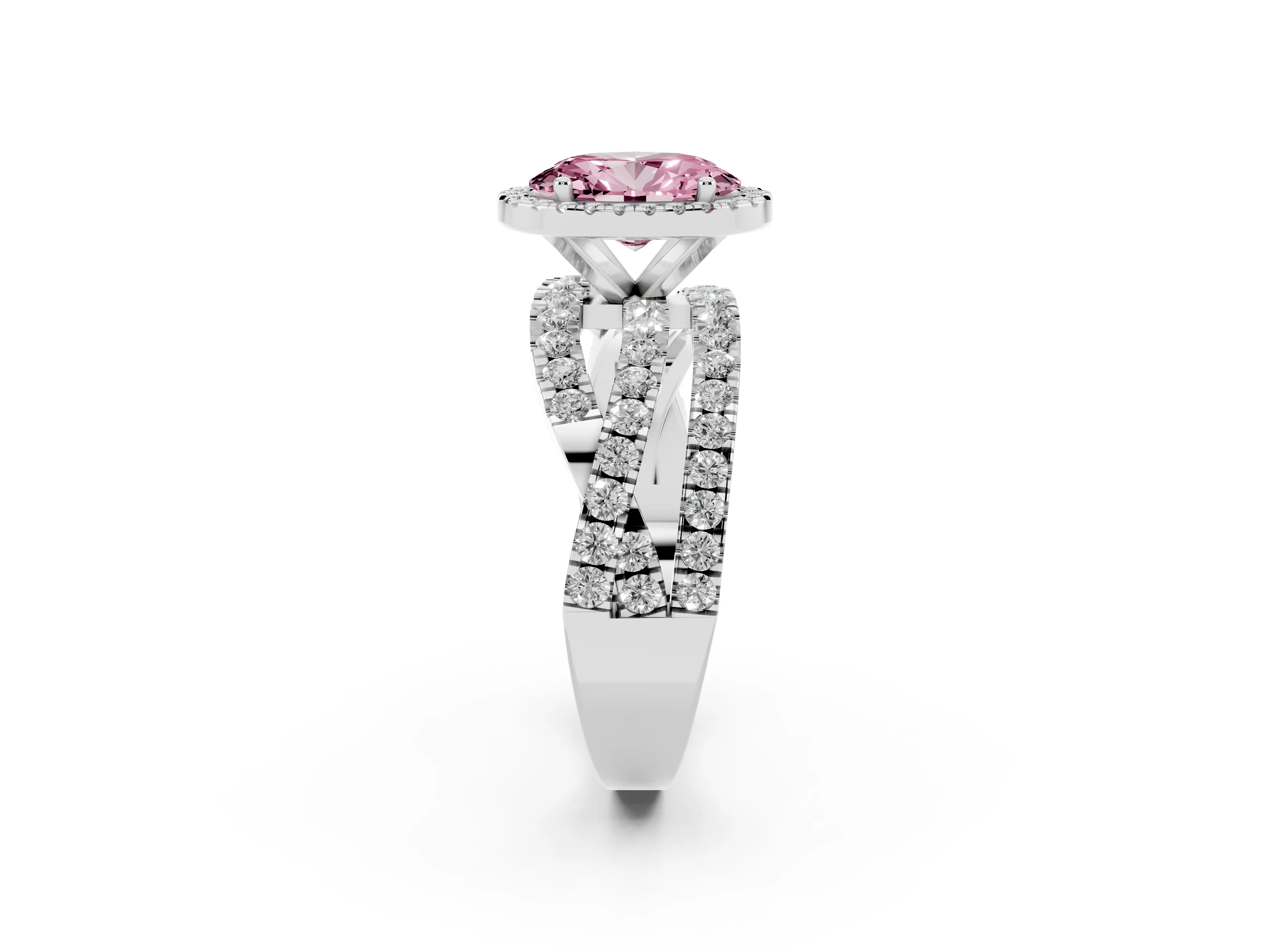 Fancy Pink Oval Cut Diamond Halo Ring Set in Platinum with Round Crossover Split Shank and Prong Setting