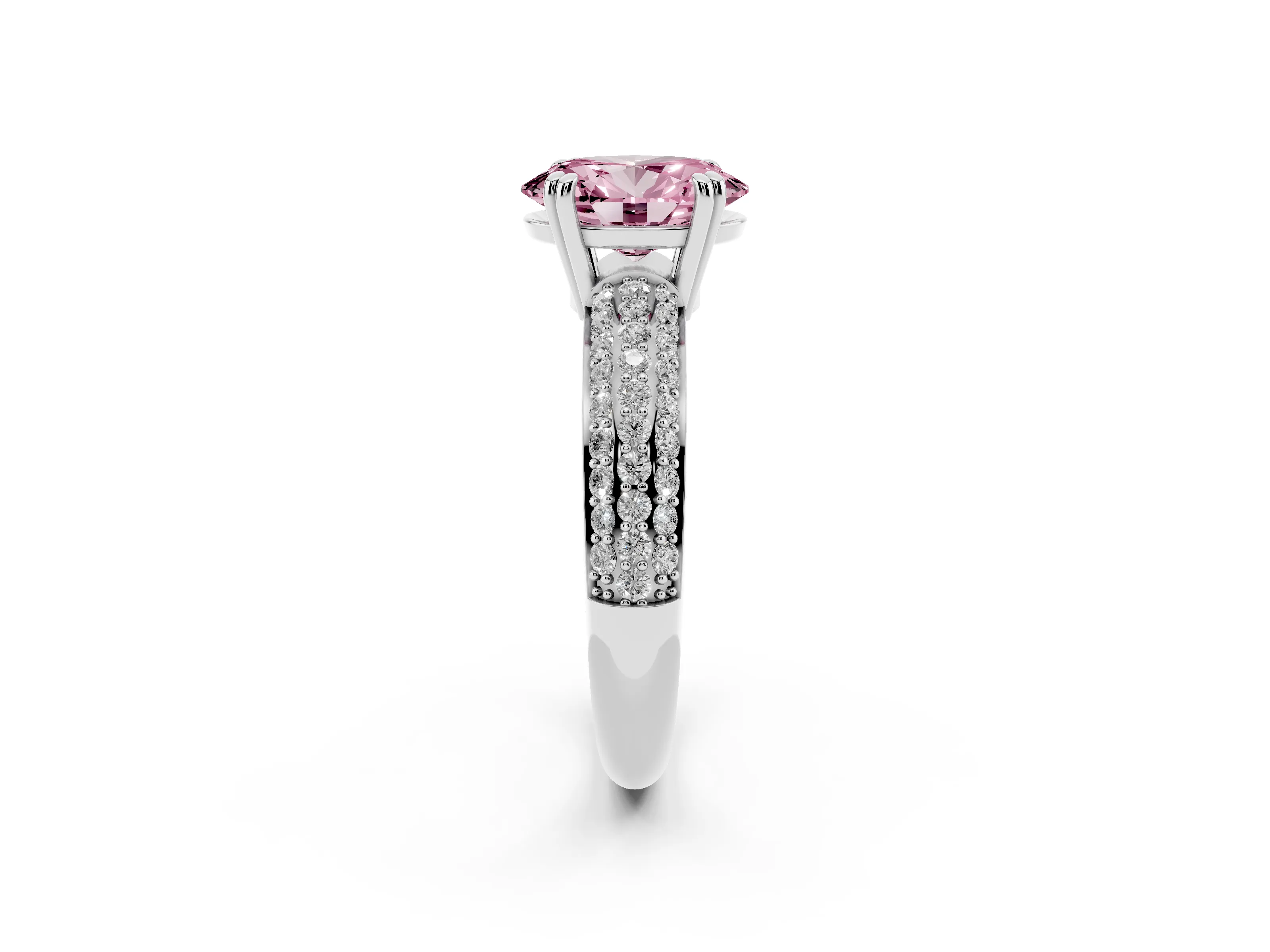 Fancy Pink Oval Cut Diamond Solitaire Ring Set in Platinum with Multi-Row Round Pavé Band and Prong Setting