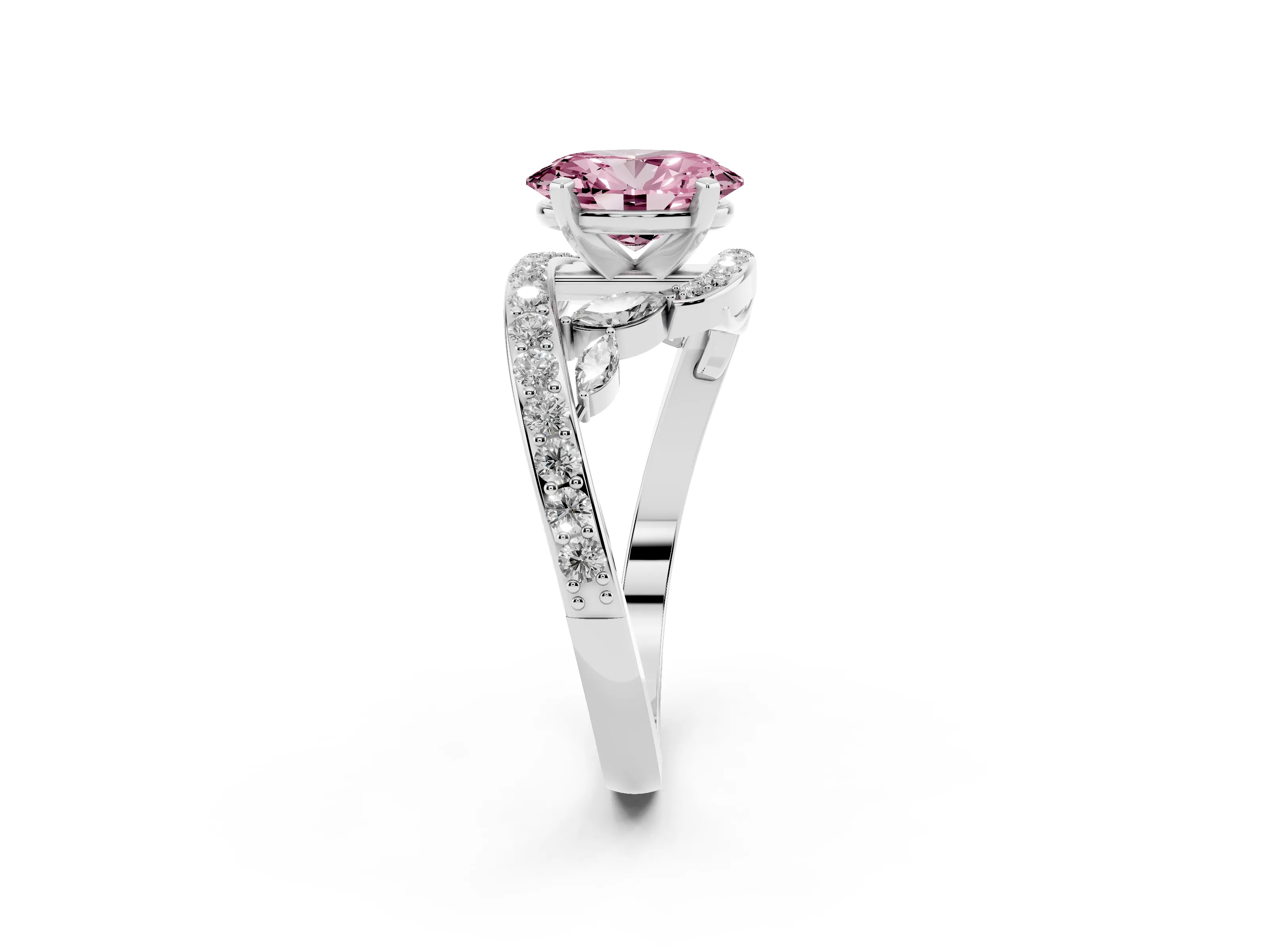 Fancy Pink Oval Cut Diamond Solitaire Ring Set in Silver with Pavé Twist Band and Secure Prong Setting