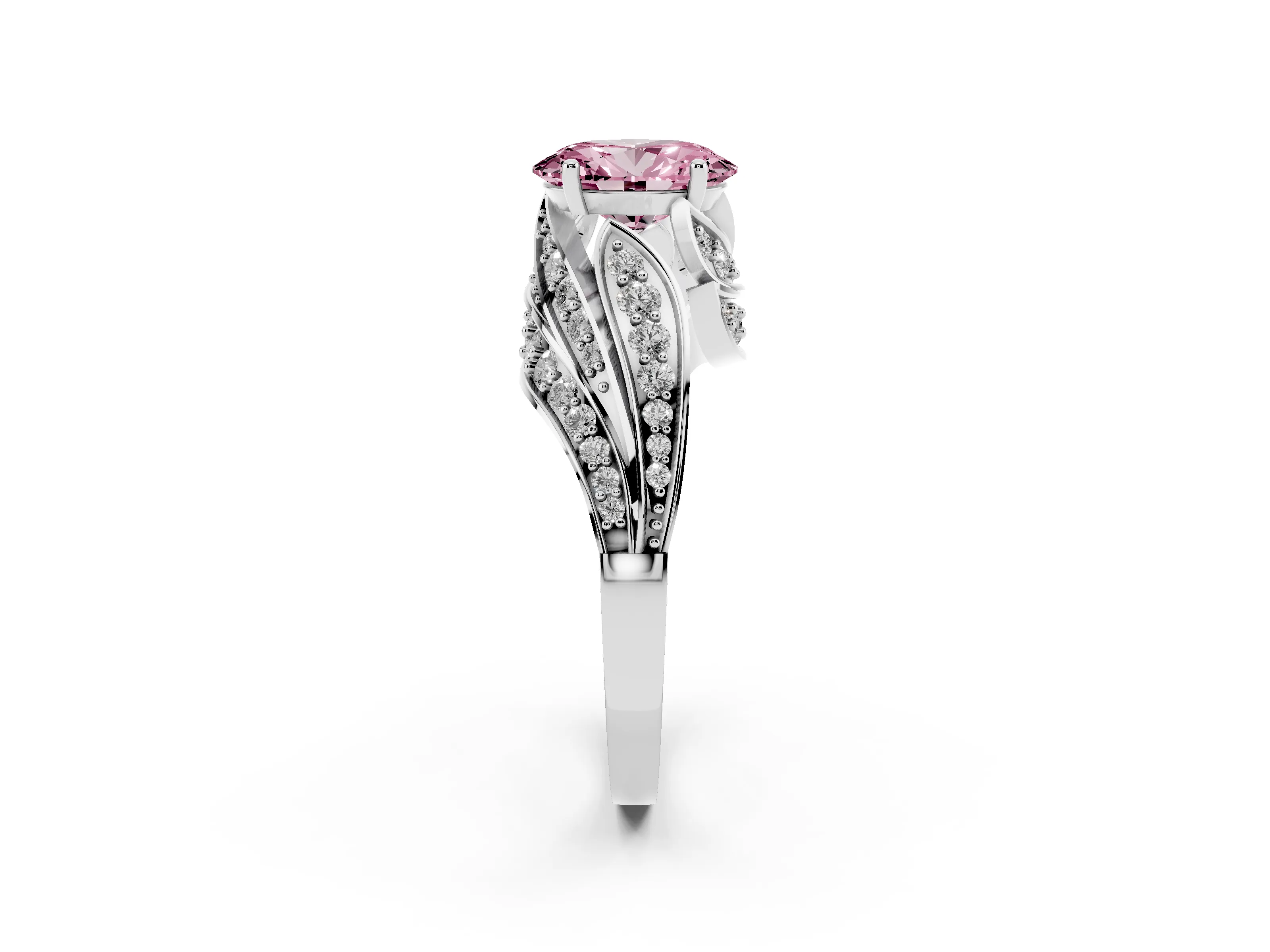 Fancy Pink Oval Cut Diamond Solitaire Ring Set in Platinum with Layered Twist Pavé Band