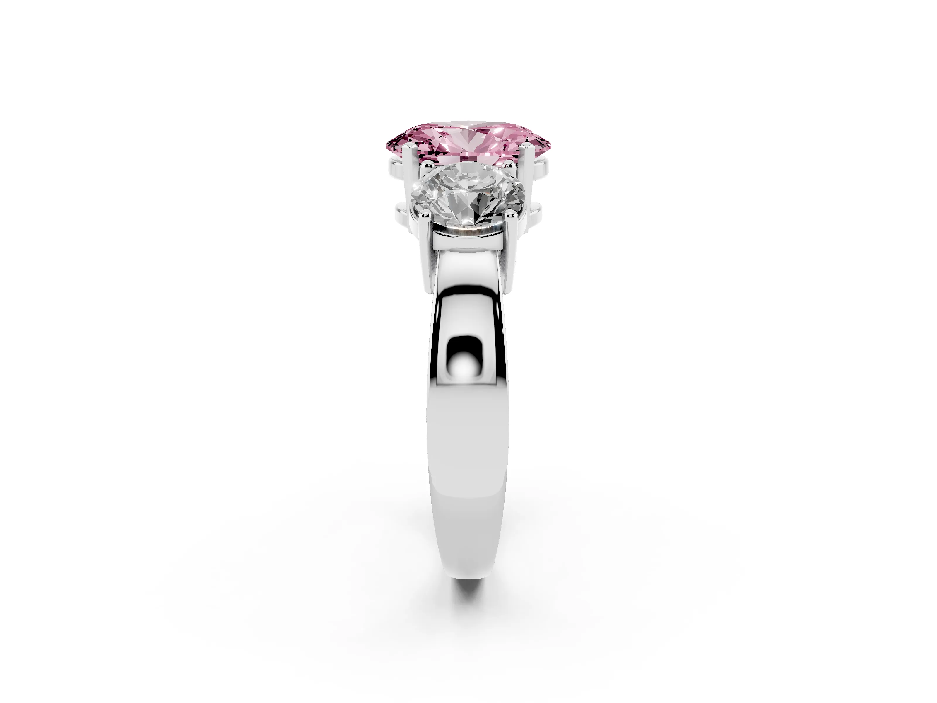 Fancy Pink Oval Cut Diamond Three-Stone Ring Set in White gold with Round Side Stones and Classic Band