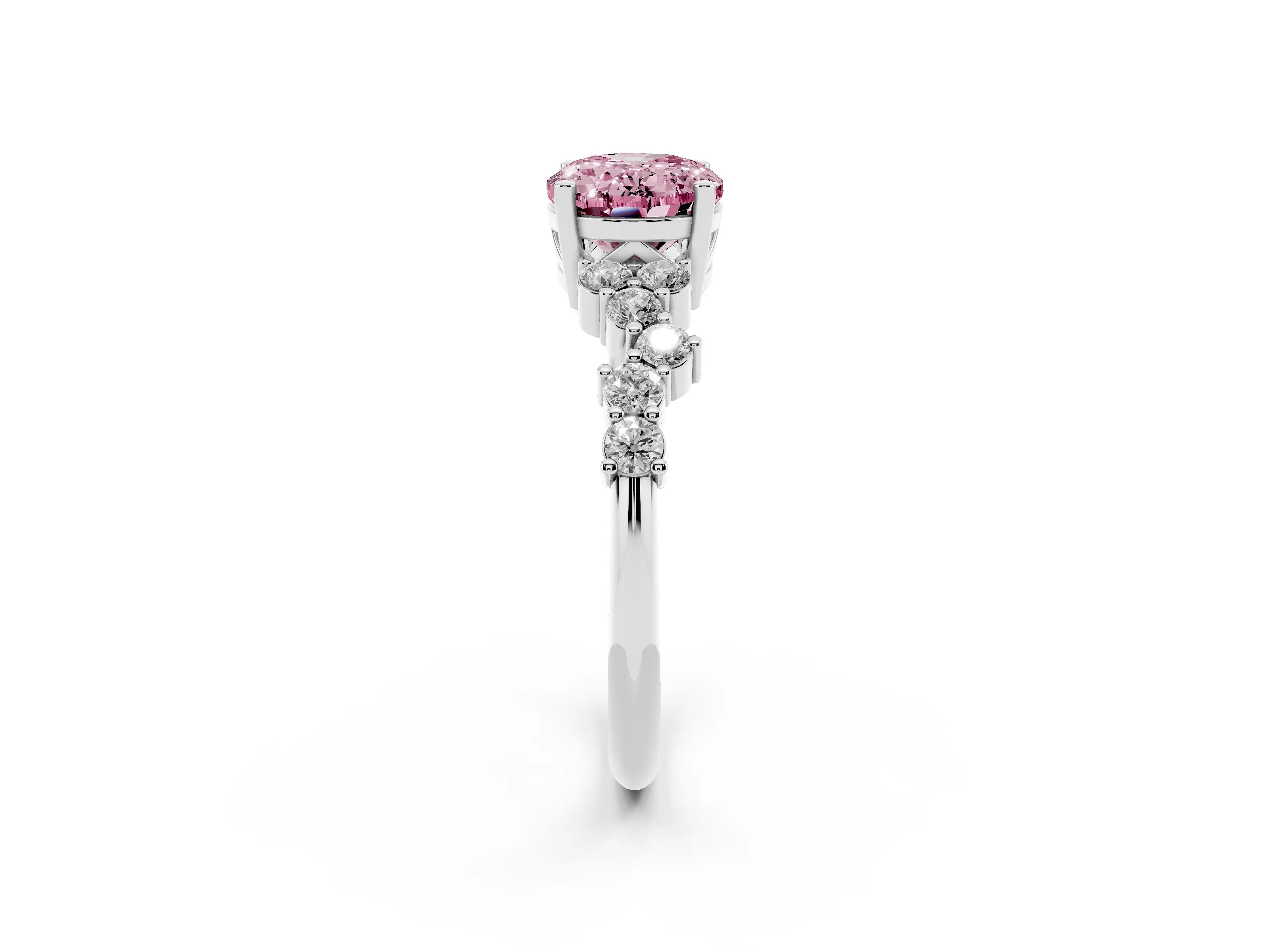 Fancy Pink Oval Cut Diamond Ring Set in Platinum with Scattered Round Accents