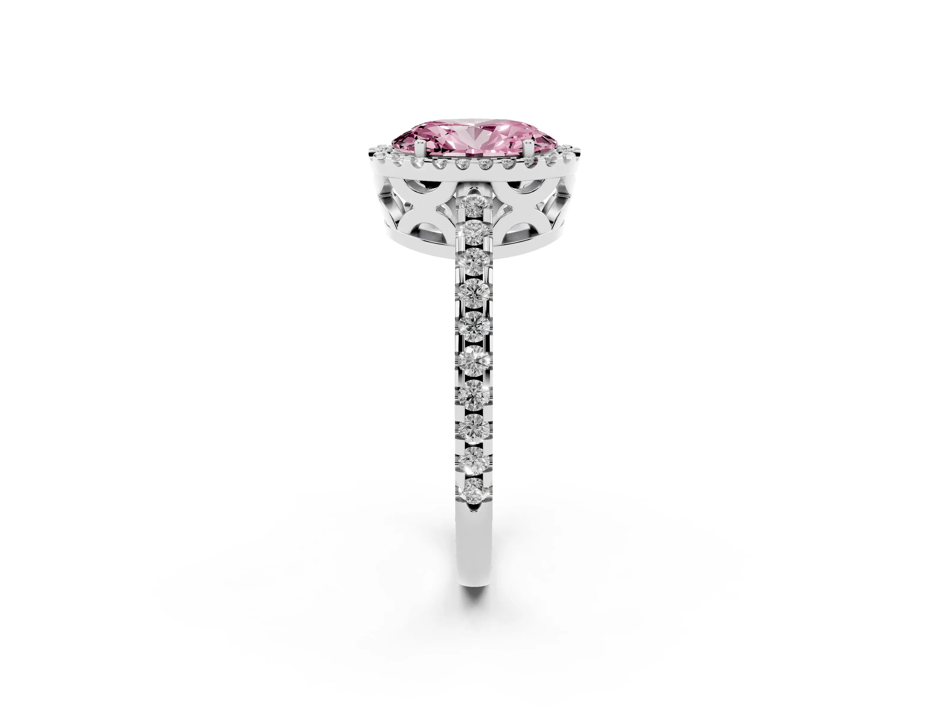 Fancy Pink Oval Cut Diamond Halo Ring Set in Silver with Pavé Shoulders and Halo-Framed Center