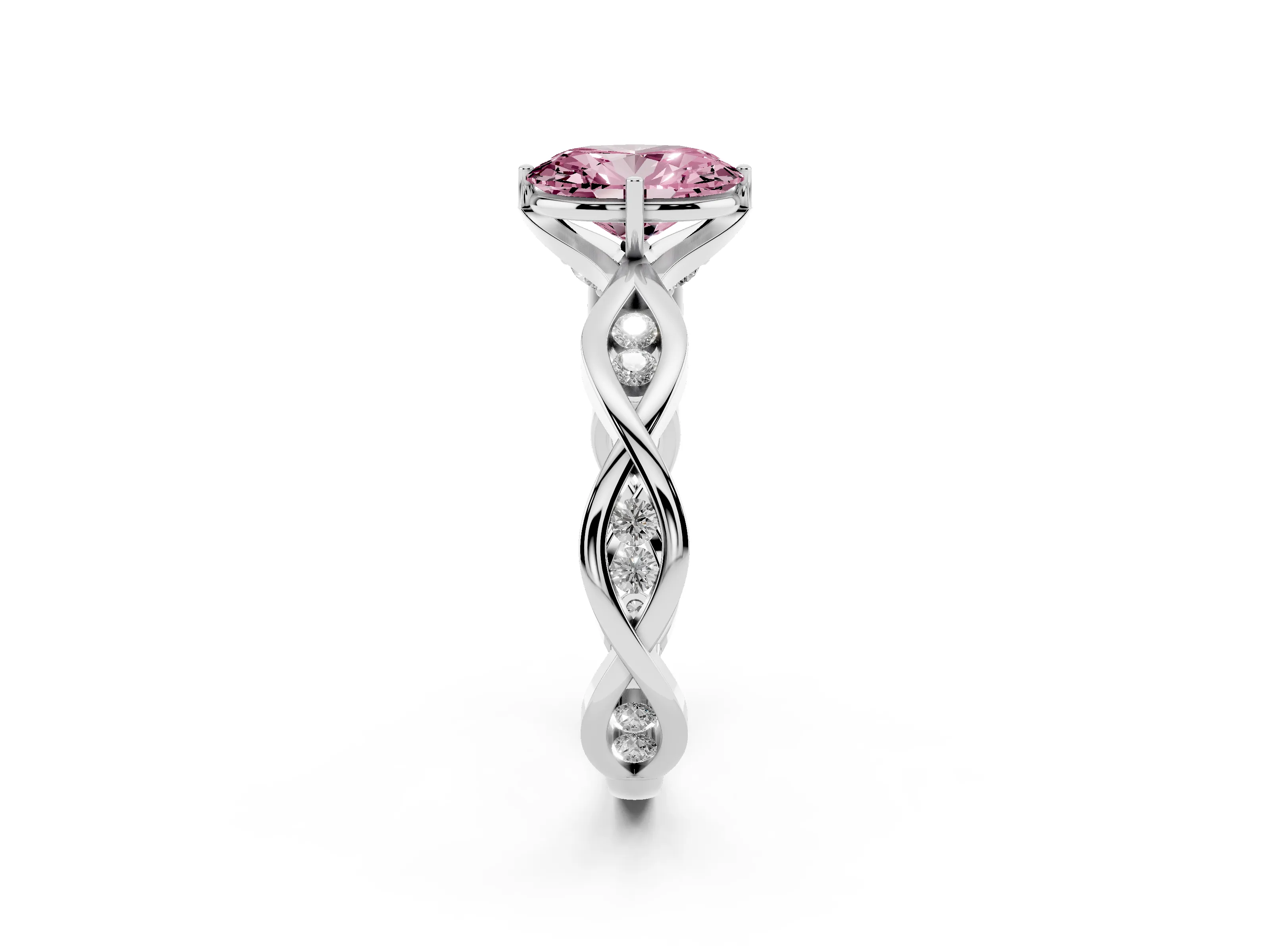 Fancy Pink Oval Cut Diamond Twist Band Solitaire Ring Set in Platinum with Leaf Prong Setting and Accent Stones