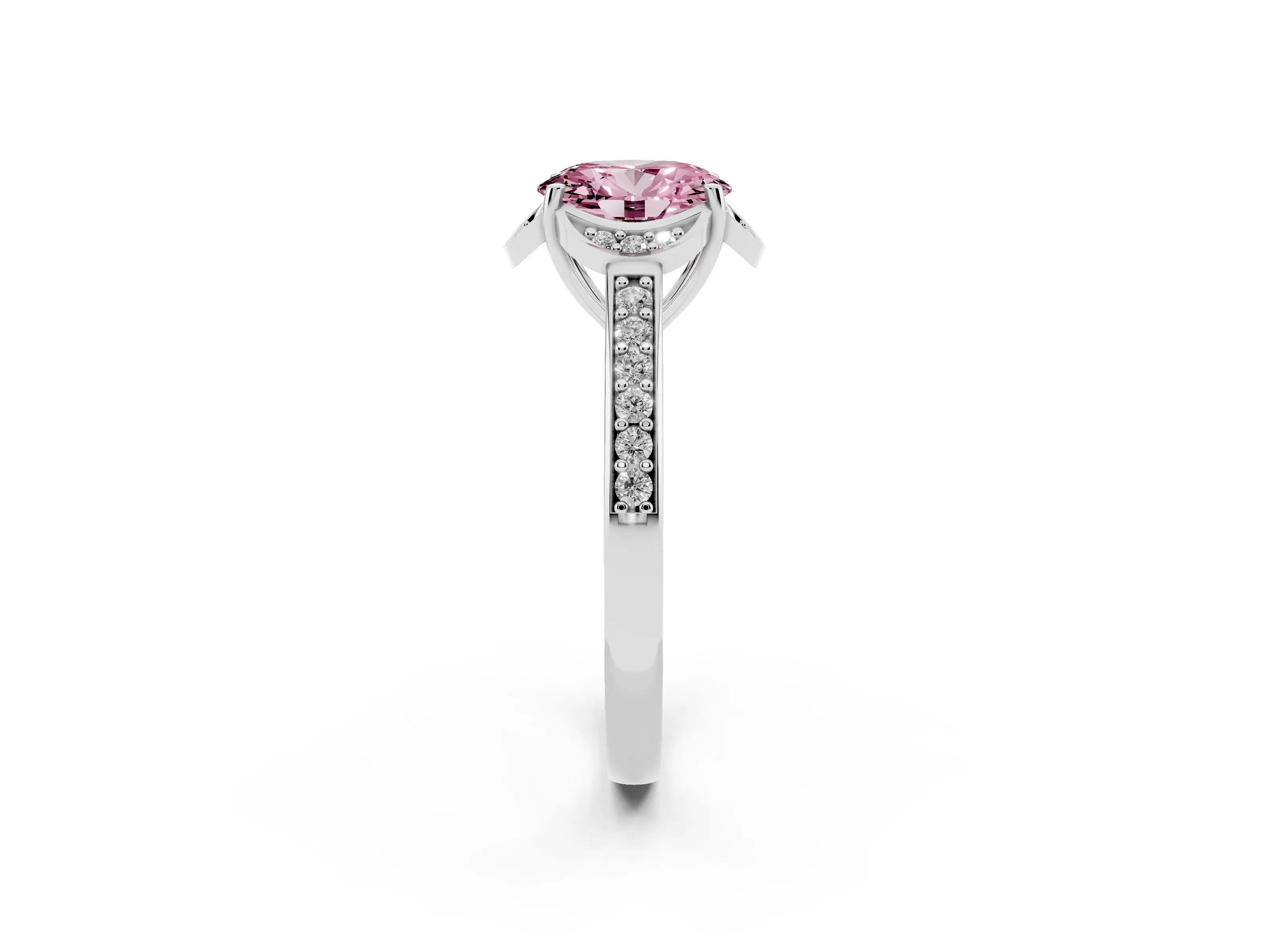 Fancy Pink Oval Cut Diamond Halo Ring Set in Silver with Channel Set Band and Prong Setting