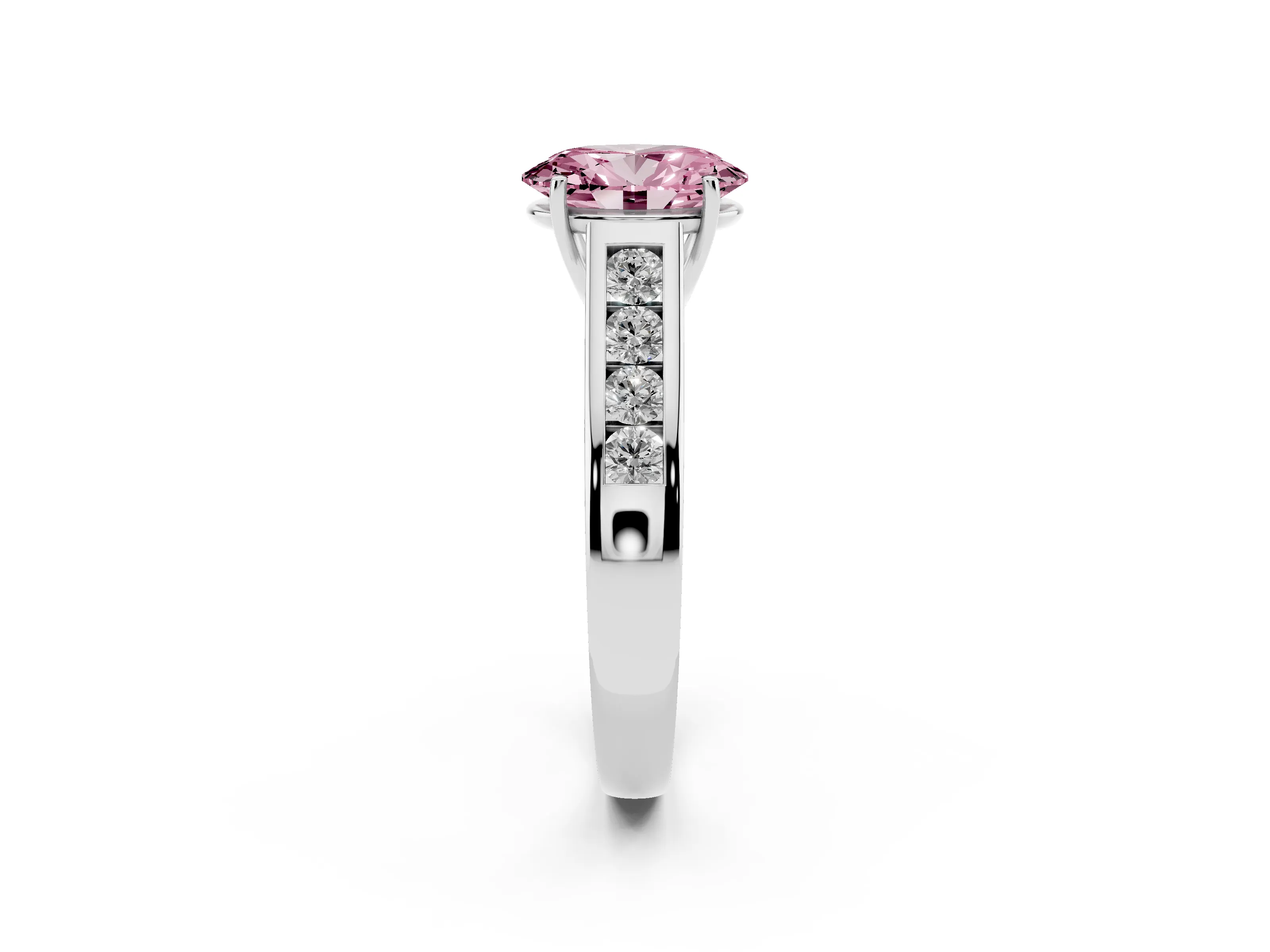 Fancy Pink Oval Cut Diamond Solitaire Channel-Set Engagement Ring Set in Silver with Prong Setting