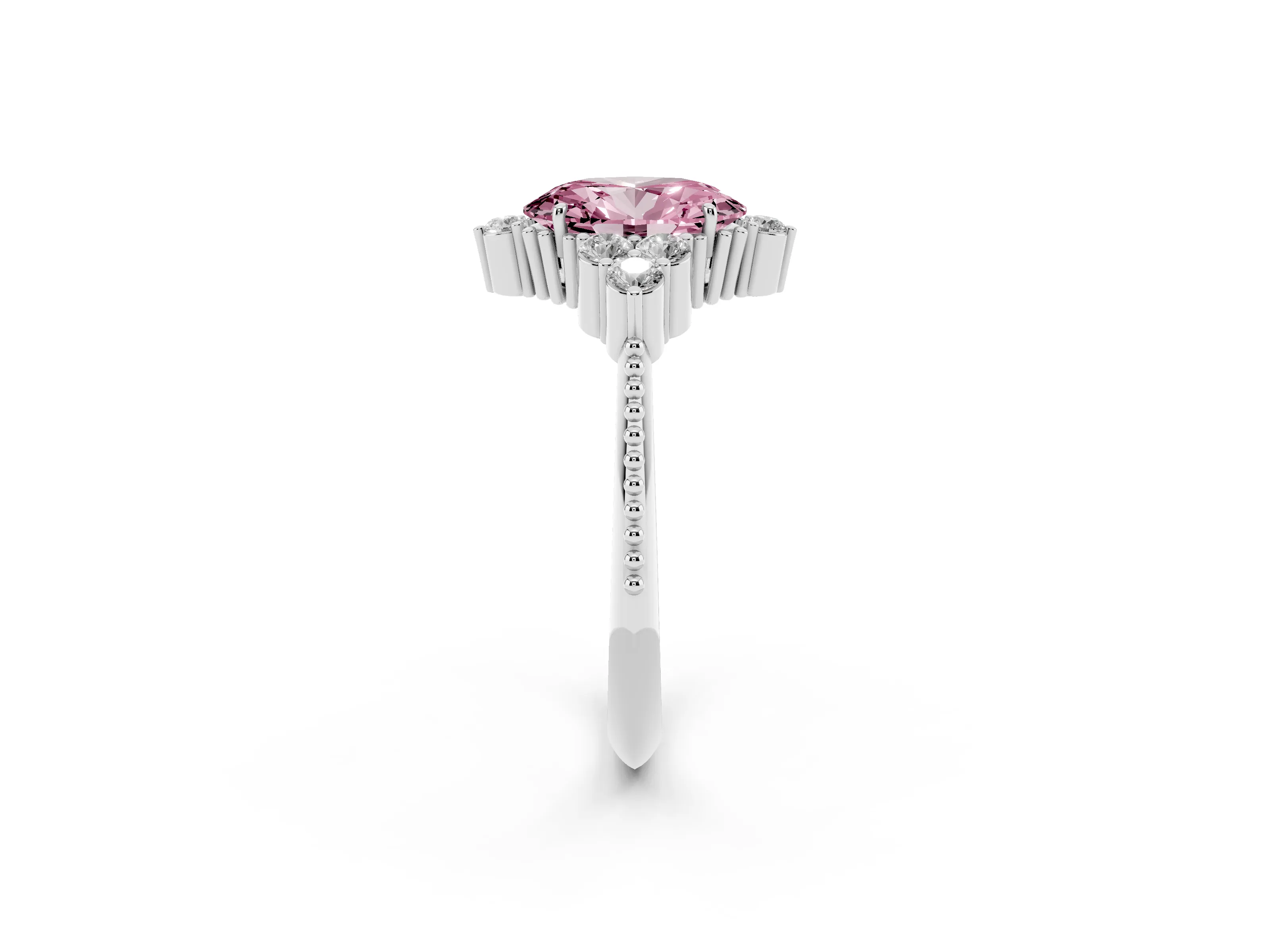 Fancy Pink Oval Cut Diamond Cluster Ring Set in Silver with Beaded Band